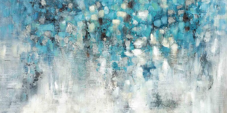 Hand-painted "Abstract blue leaves in the rain" original art, Canvas Wall art for living room, bedroom, office - Wrapped Canvas Painting