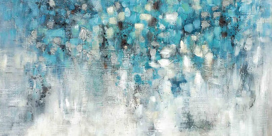 Hand-painted "Abstract blue leaves in the rain" original art, Canvas Wall art for living room, bedroom, office - Wrapped Canvas Painting