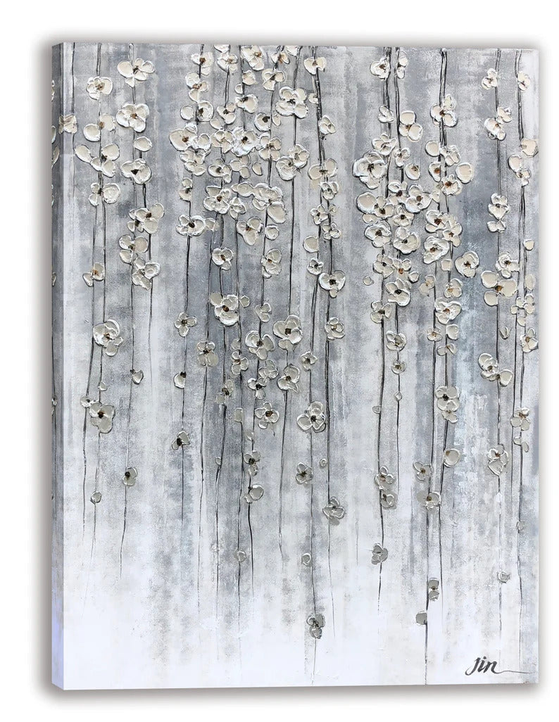 Abstract art "Ethereal Silver Blossoms" Hand Painted painting on canvas original, Canvas wall art - Wrapped Canvas Painting