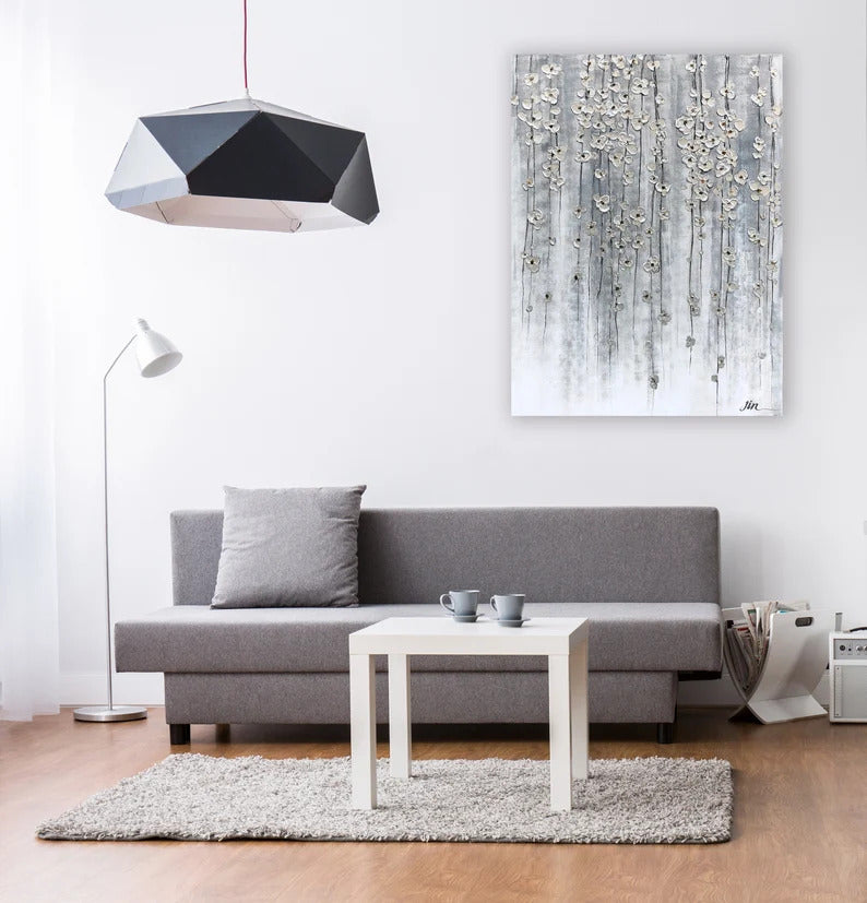 Abstract art "Ethereal Silver Blossoms" Hand Painted painting on canvas original, Canvas wall art - Wrapped Canvas Painting