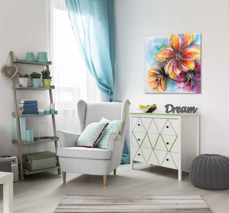 Hand-painted "Flower Memory" painting original Art, Canvas Wall art for living room, bedroom, office - Wrapped Canvas Painting