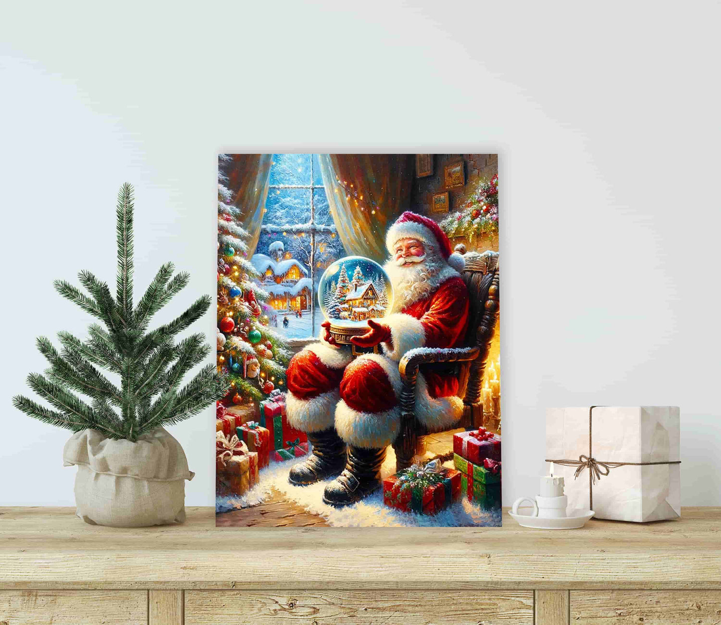 "Holiday Magic Unfolded" Santa with Snow Globe Canvas Wall Art - Wrapped Canvas Prints