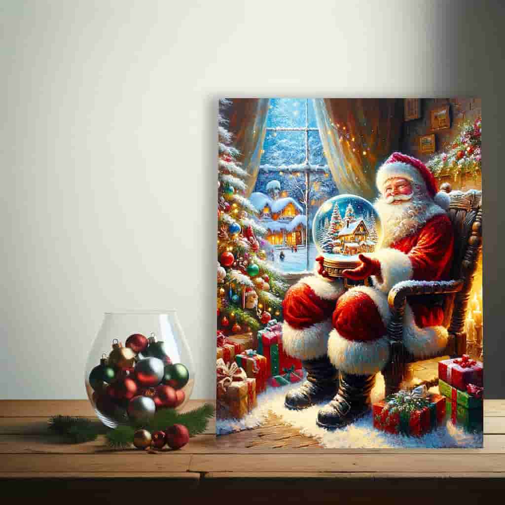 "Holiday Magic Unfolded" Santa with Snow Globe Canvas Wall Art - Wrapped Canvas Prints
