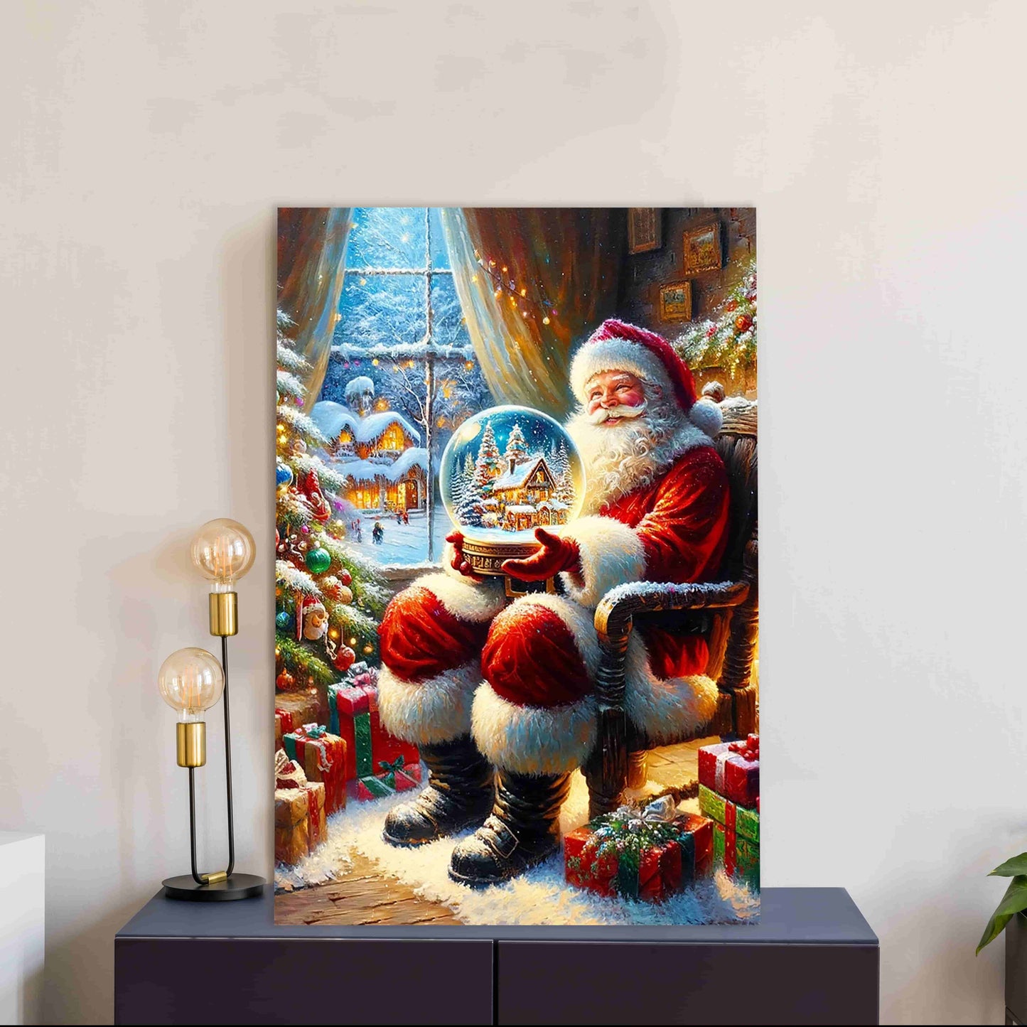 "Holiday Magic Unfolded" Santa with Snow Globe Canvas Wall Art - Wrapped Canvas Prints