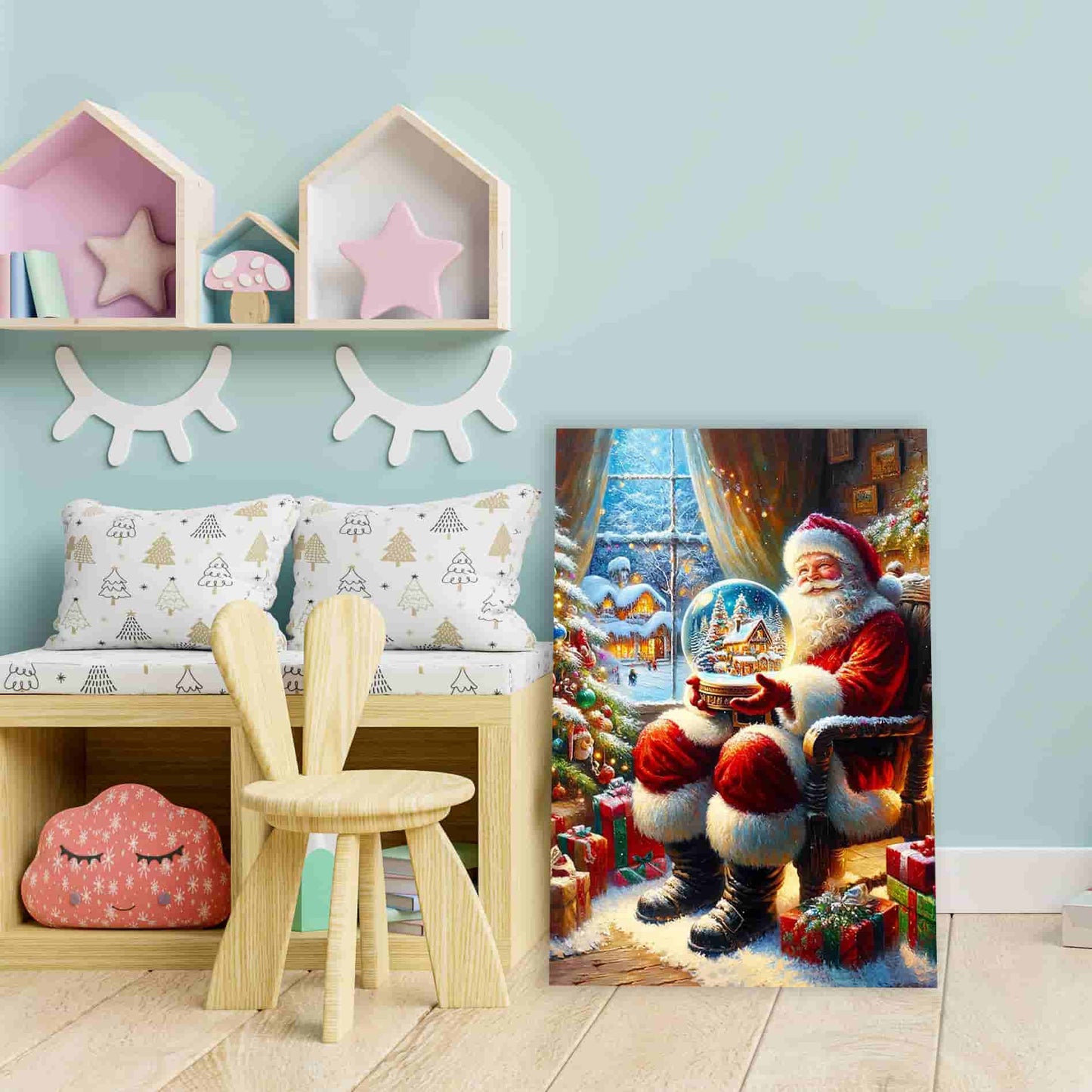 "Holiday Magic Unfolded" Santa with Snow Globe Canvas Wall Art - Wrapped Canvas Prints