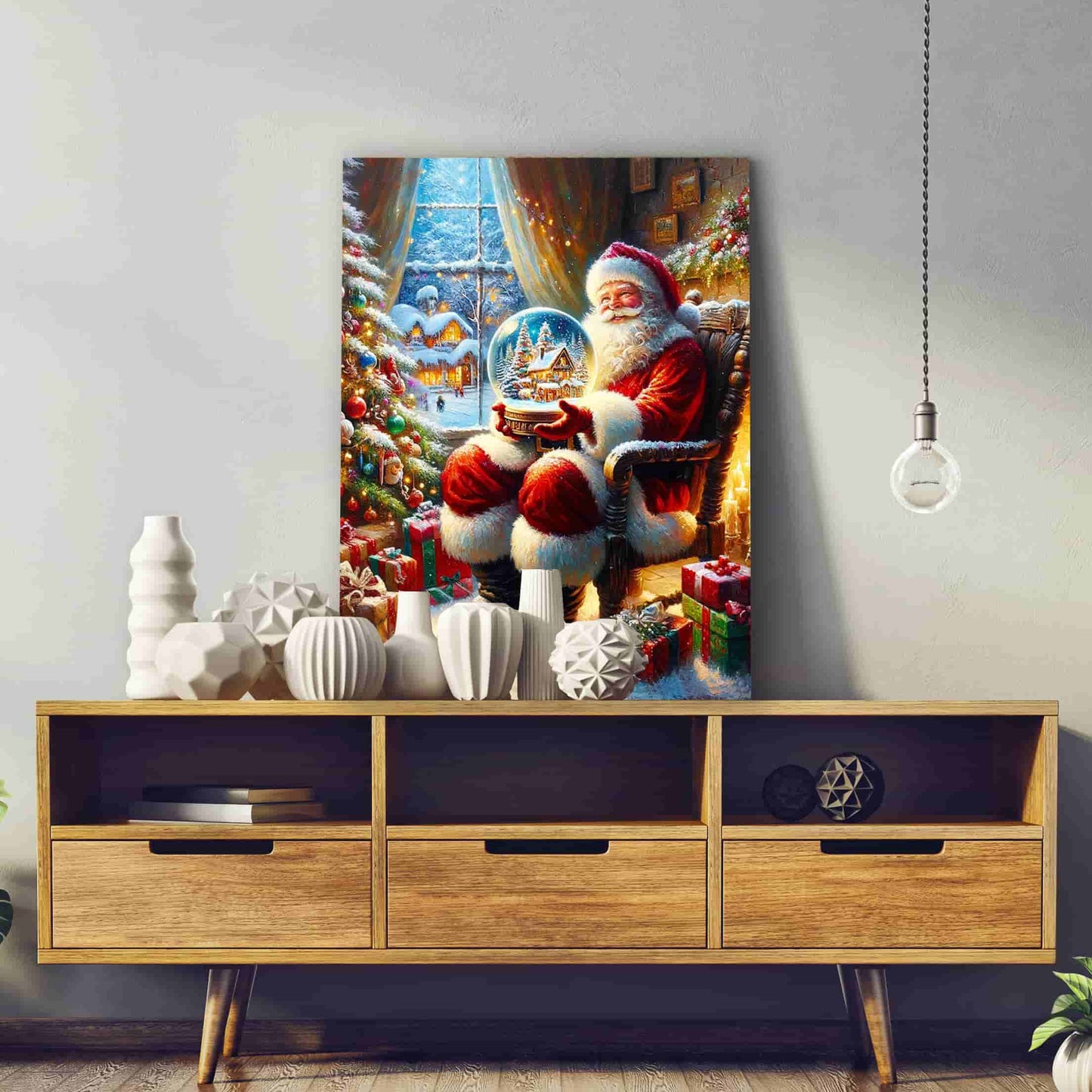 "Holiday Magic Unfolded" Santa with Snow Globe Canvas Wall Art - Wrapped Canvas Prints