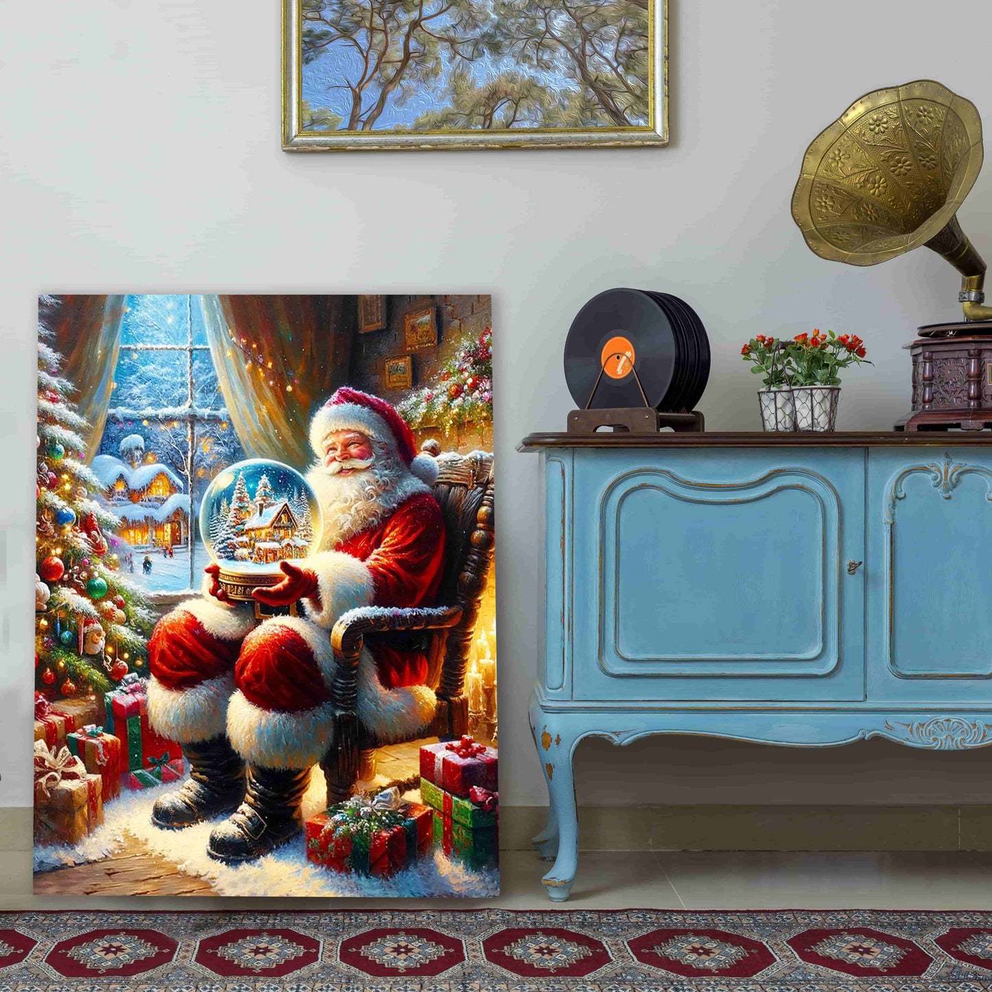 "Holiday Magic Unfolded" Santa with Snow Globe Canvas Wall Art - Wrapped Canvas Prints