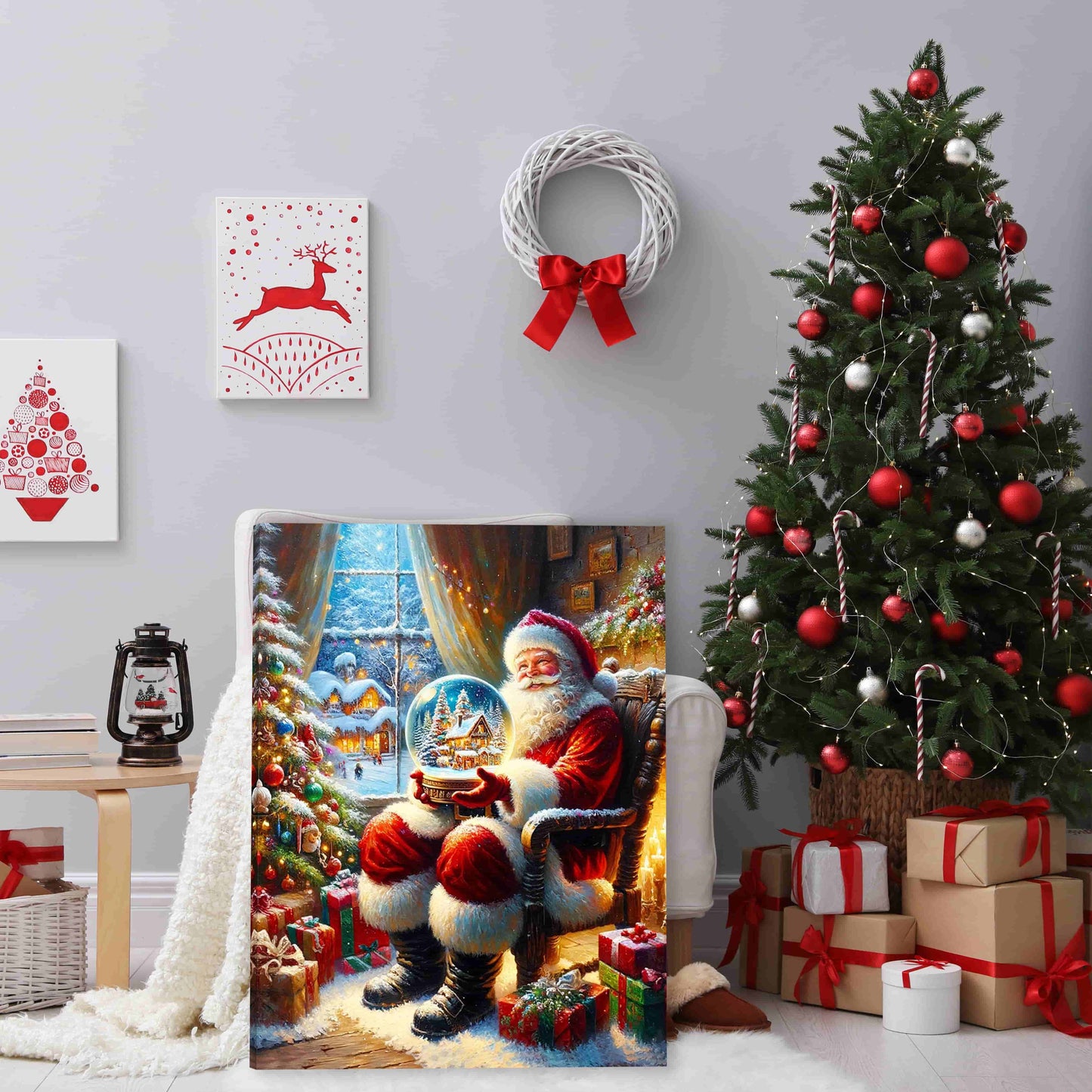 "Holiday Magic Unfolded" Santa with Snow Globe Canvas Wall Art - Wrapped Canvas Prints