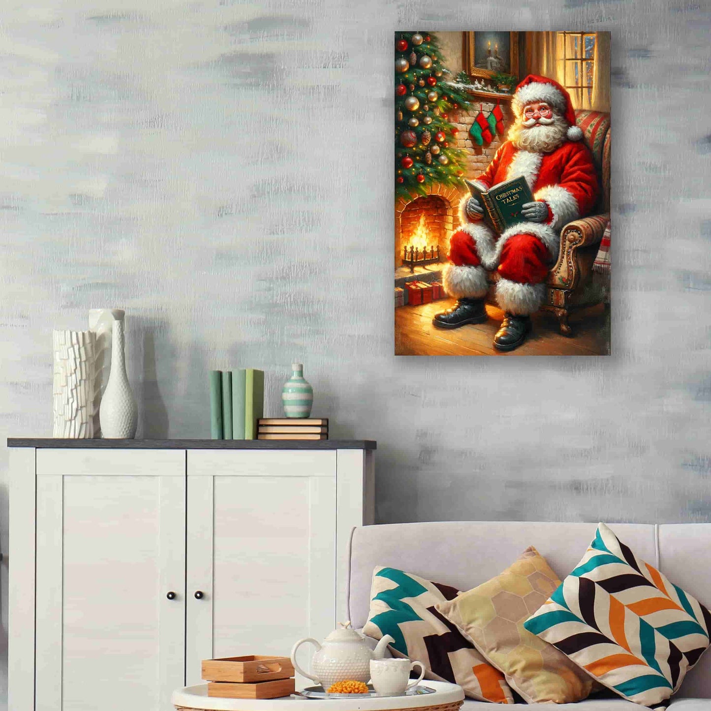 "Cherished Traditions : Santa's Storytime by the Christmas Tree" - Wrapped Canvas Prints