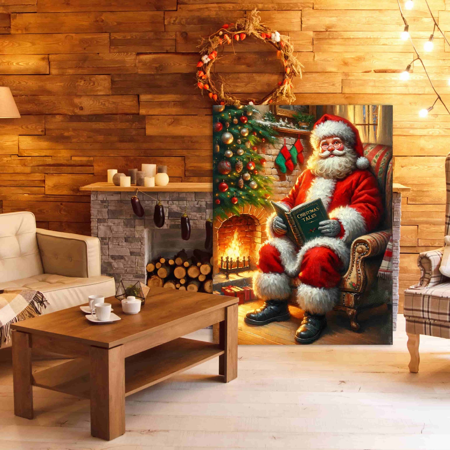 "Cherished Traditions : Santa's Storytime by the Christmas Tree" - Wrapped Canvas Prints