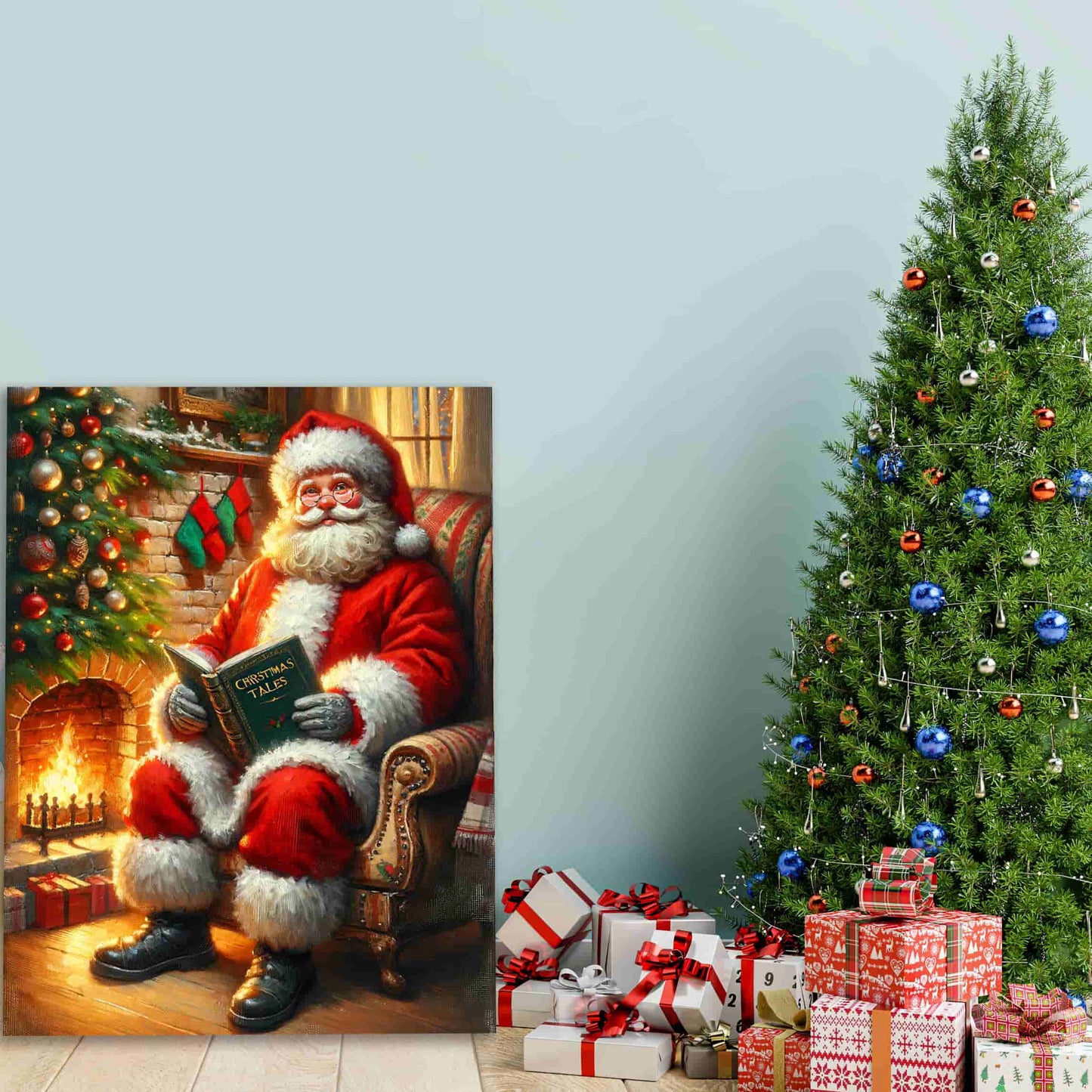 "Cherished Traditions : Santa's Storytime by the Christmas Tree" - Wrapped Canvas Prints