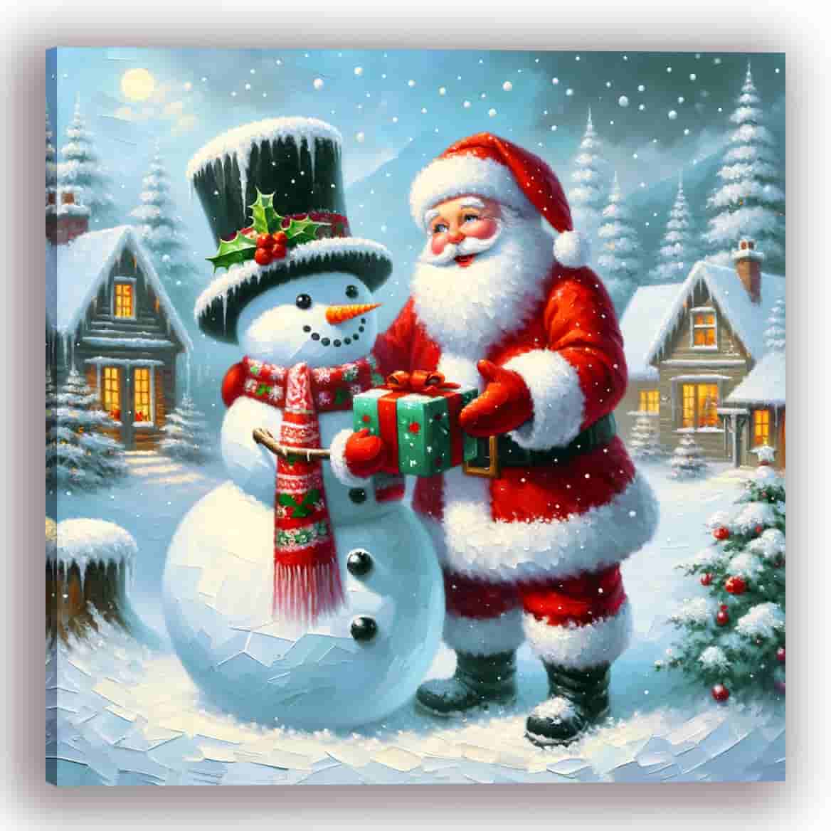 "Winter's Joyful Exchange : Santa and Snowman" - Wrapped Canvas Art Prints