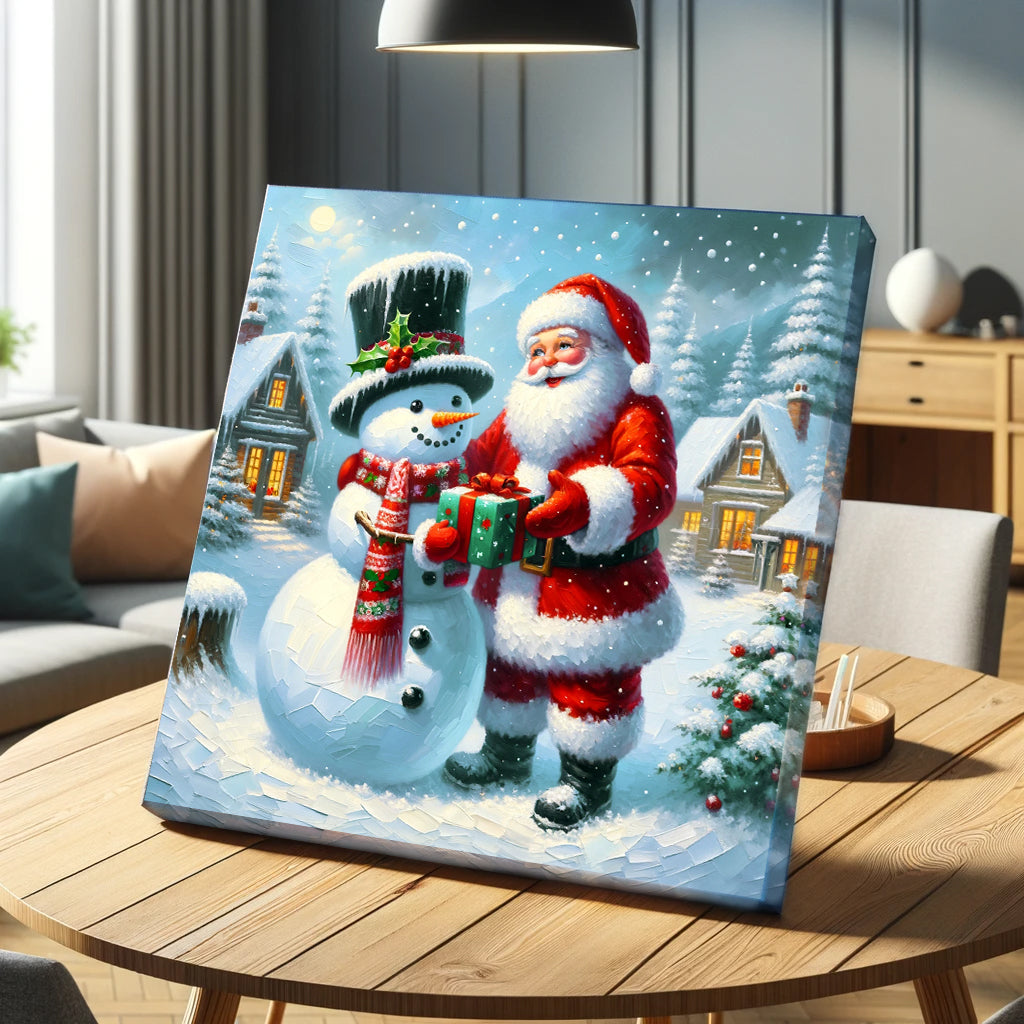 "Winter's Joyful Exchange : Santa and Snowman" - Wrapped Canvas Art Prints