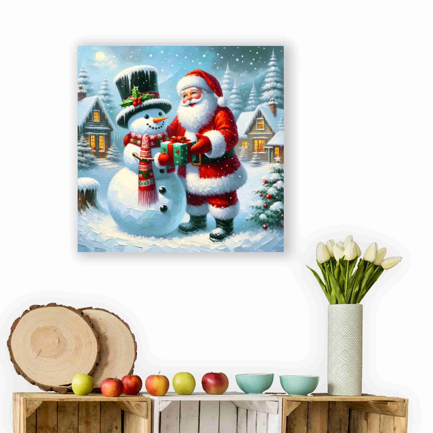 "Winter's Joyful Exchange : Santa and Snowman" - Wrapped Canvas Art Prints