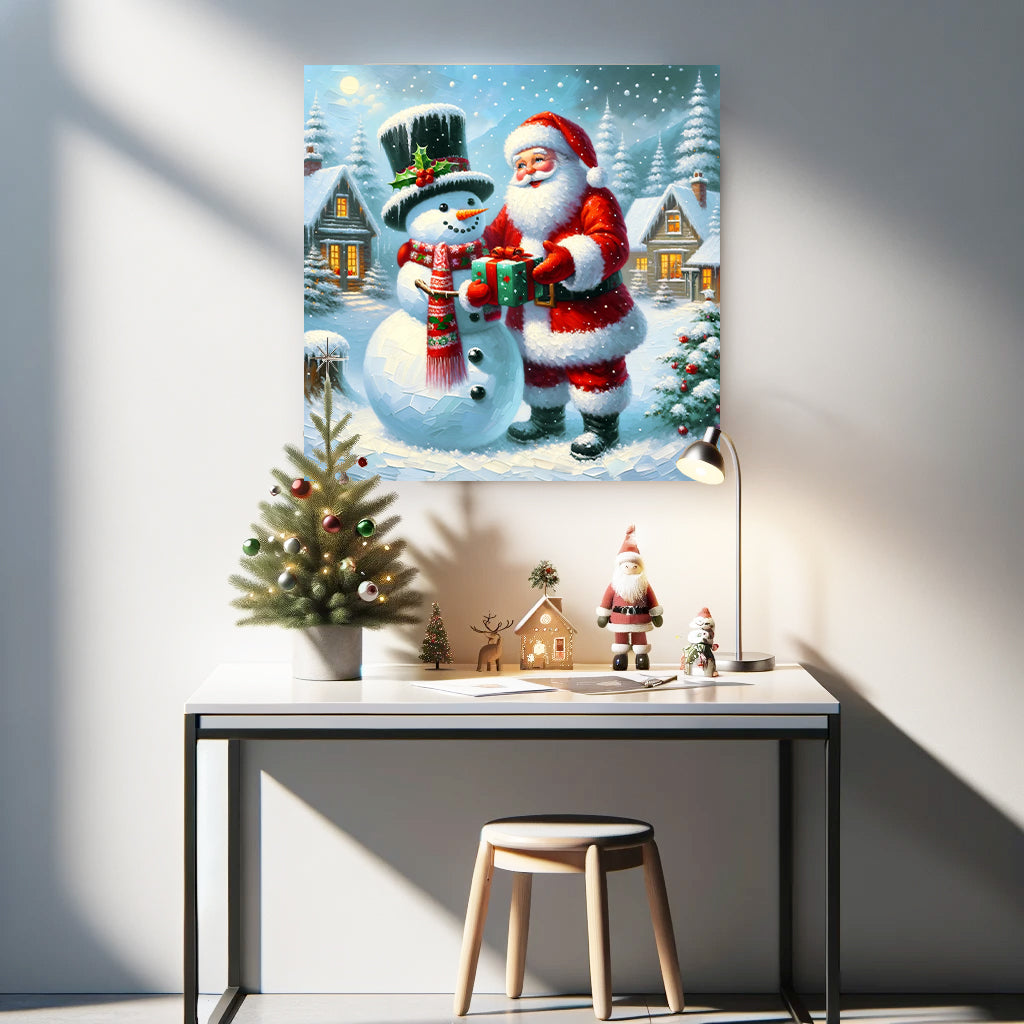 "Winter's Joyful Exchange : Santa and Snowman" - Wrapped Canvas Art Prints