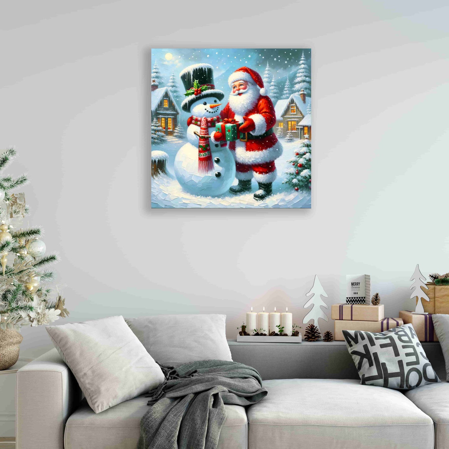 "Winter's Joyful Exchange : Santa and Snowman" - Wrapped Canvas Art Prints