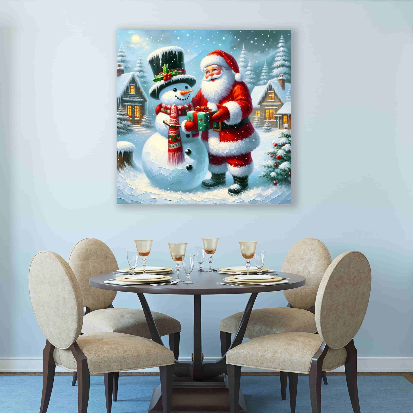 "Winter's Joyful Exchange : Santa and Snowman" - Wrapped Canvas Art Prints