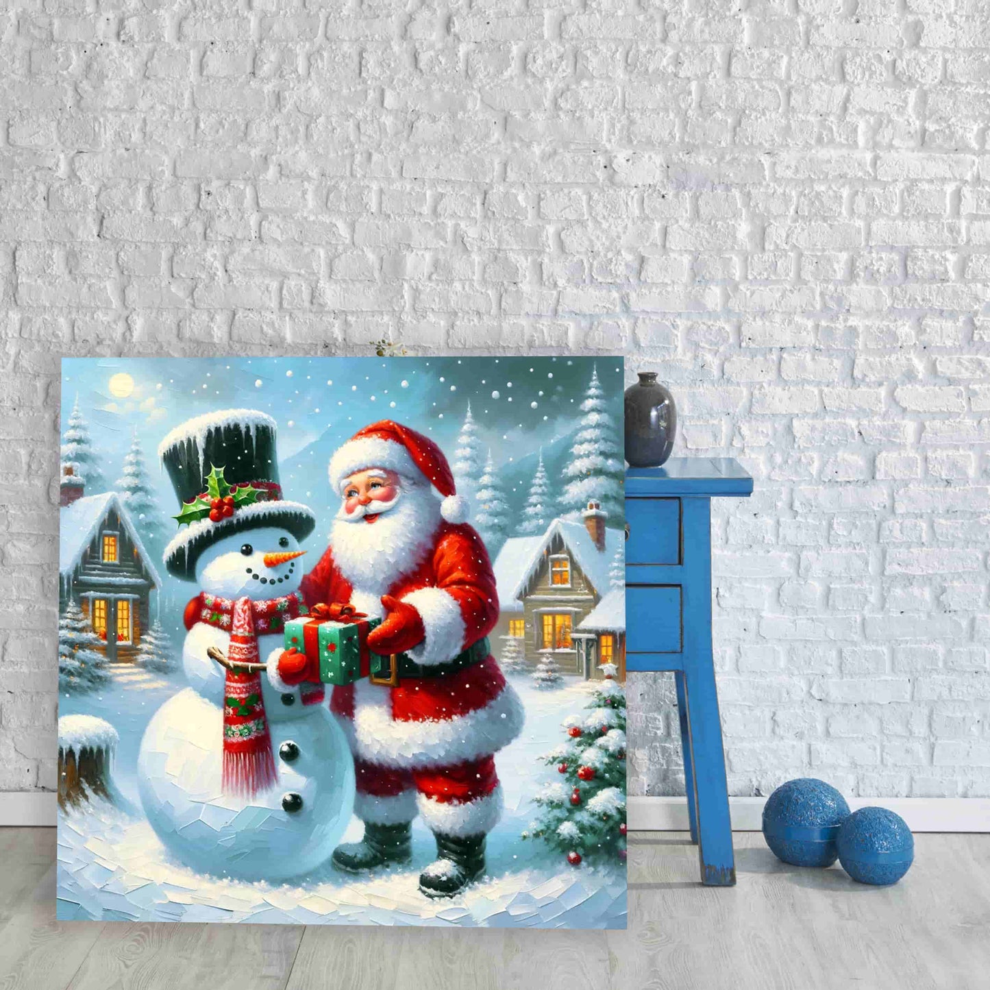 "Winter's Joyful Exchange : Santa and Snowman" - Wrapped Canvas Art Prints