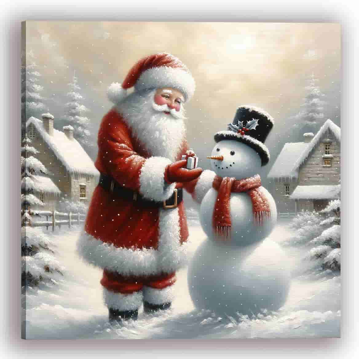 "Gift of Winter Cheer - Santa and Snowman's Gentle Moment" Wrapped Canvas wall art Prints