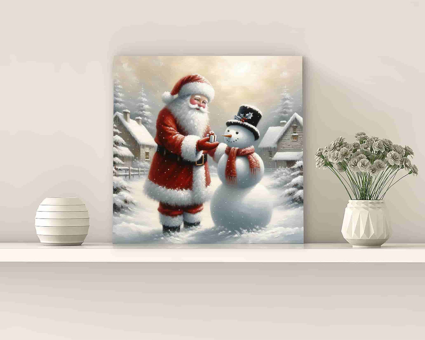 "Gift of Winter Cheer - Santa and Snowman's Gentle Moment" Wrapped Canvas wall art Prints