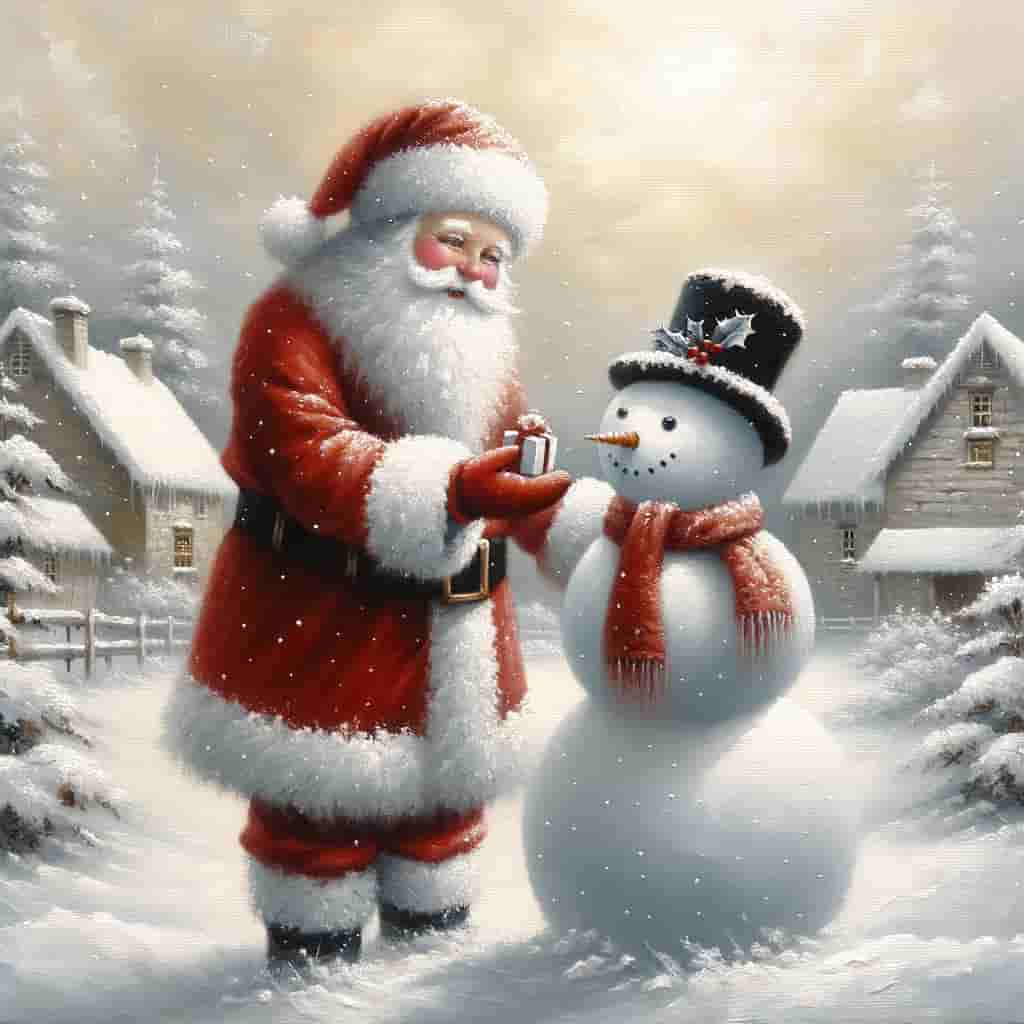 "Gift of Winter Cheer - Santa and Snowman's Gentle Moment" Wrapped Canvas wall art Prints