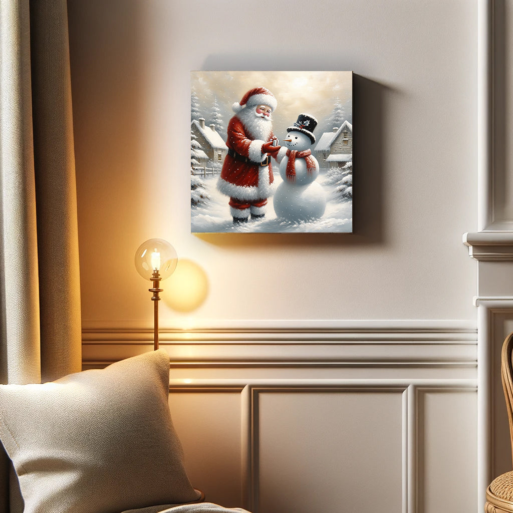 "Gift of Winter Cheer - Santa and Snowman's Gentle Moment" Wrapped Canvas wall art Prints