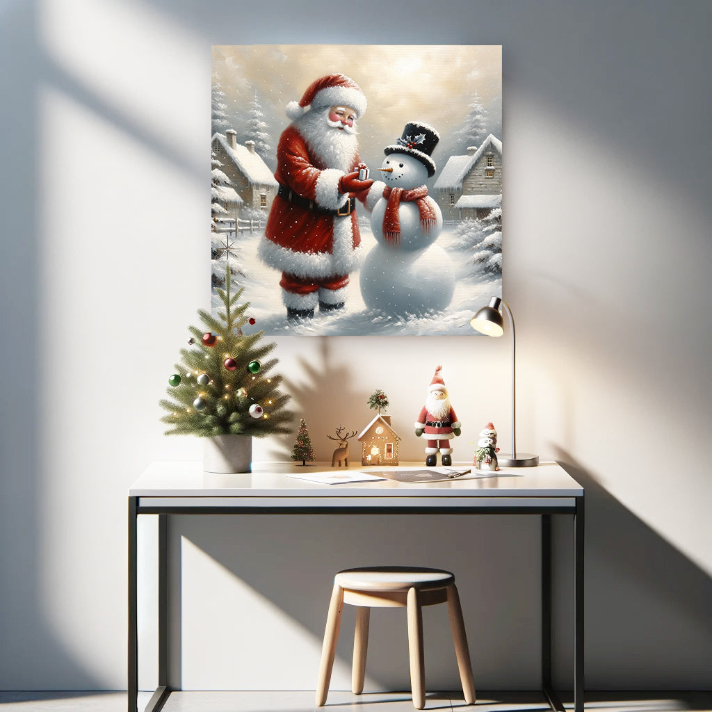 "Gift of Winter Cheer - Santa and Snowman's Gentle Moment" Wrapped Canvas wall art Prints