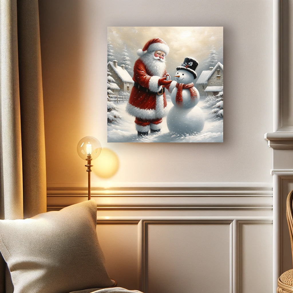 "Gift of Winter Cheer - Santa and Snowman's Gentle Moment" Wrapped Canvas wall art Prints