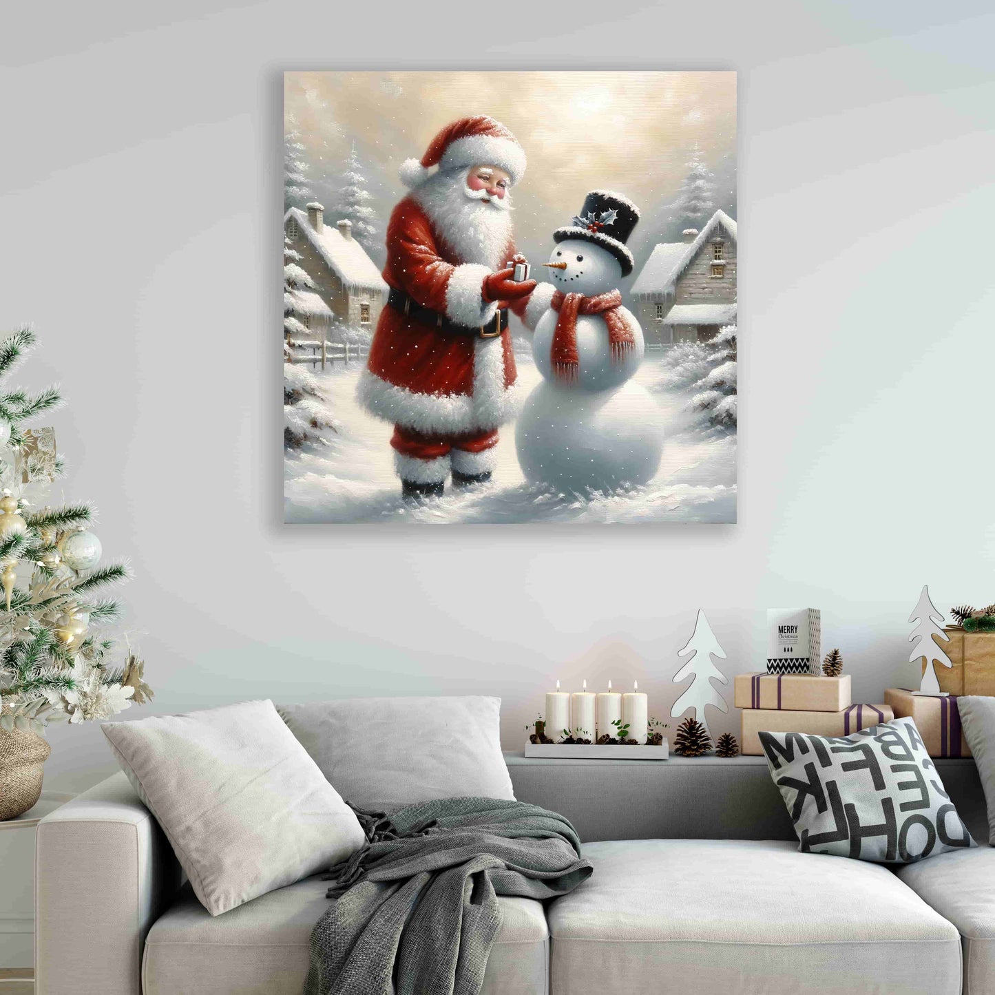 "Gift of Winter Cheer - Santa and Snowman's Gentle Moment" Wrapped Canvas wall art Prints
