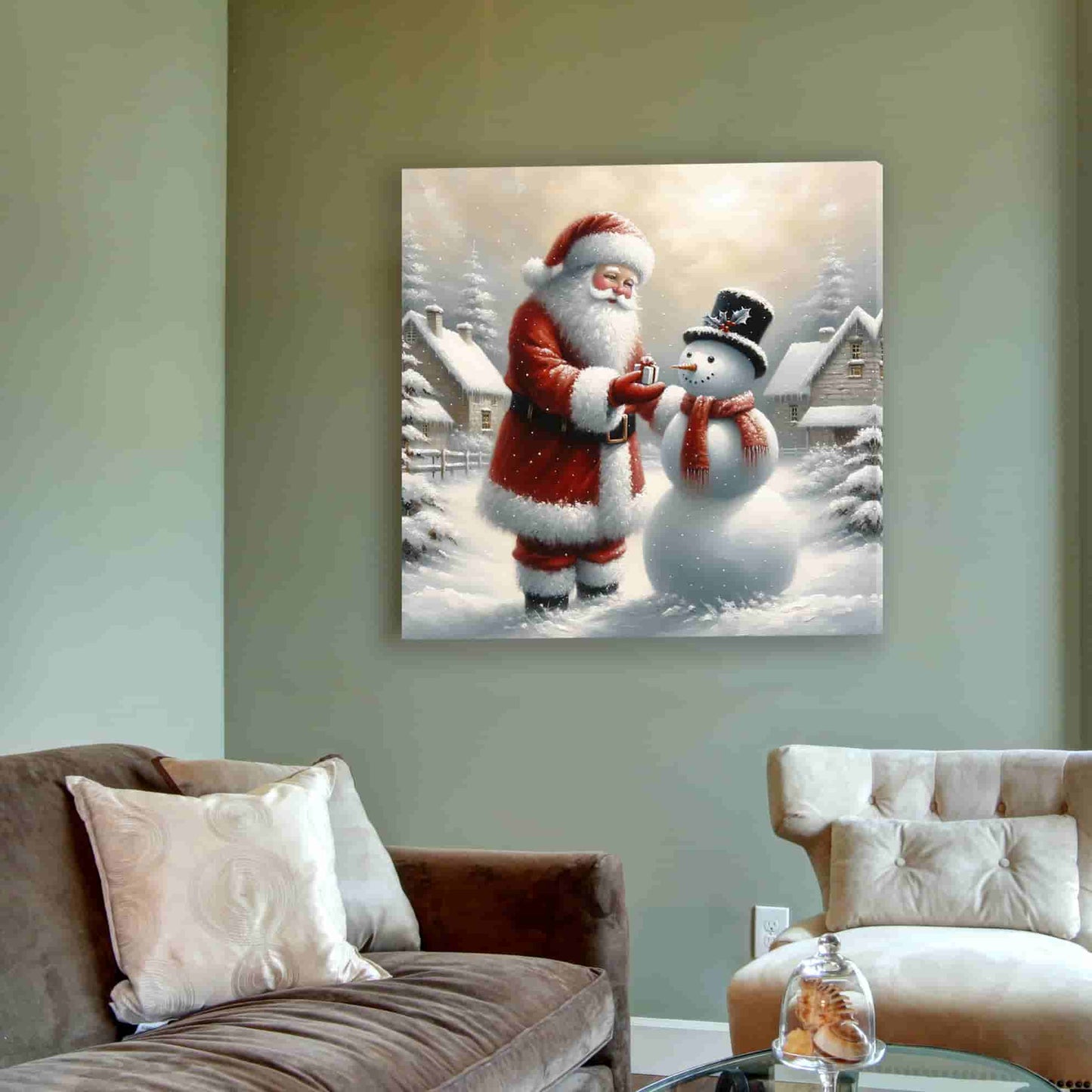 "Gift of Winter Cheer - Santa and Snowman's Gentle Moment" Wrapped Canvas wall art Prints
