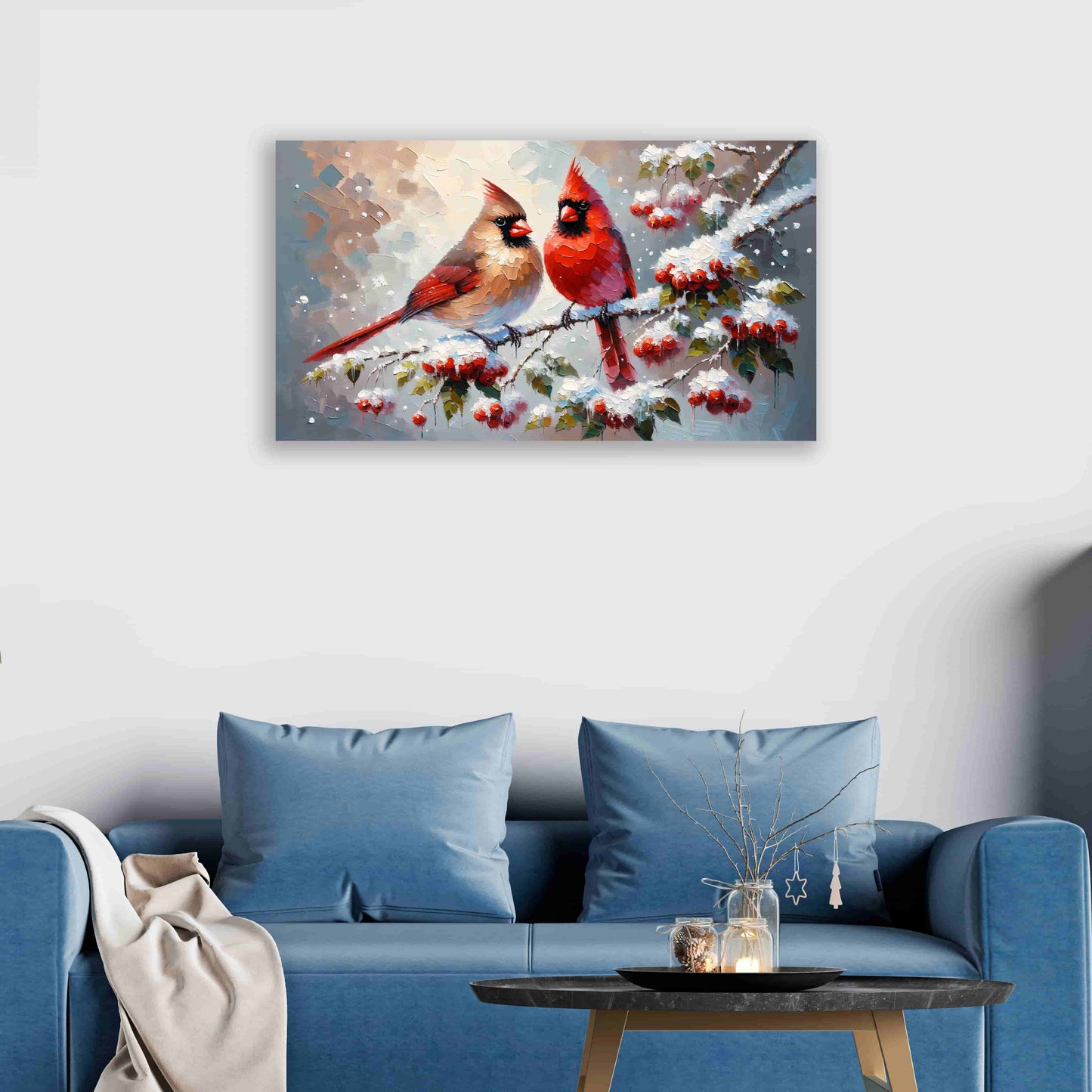 "Whispering Winter's Song - Cardinal Pair on Snow-Dusted Berries" Wrapped Canvas Wall art prints