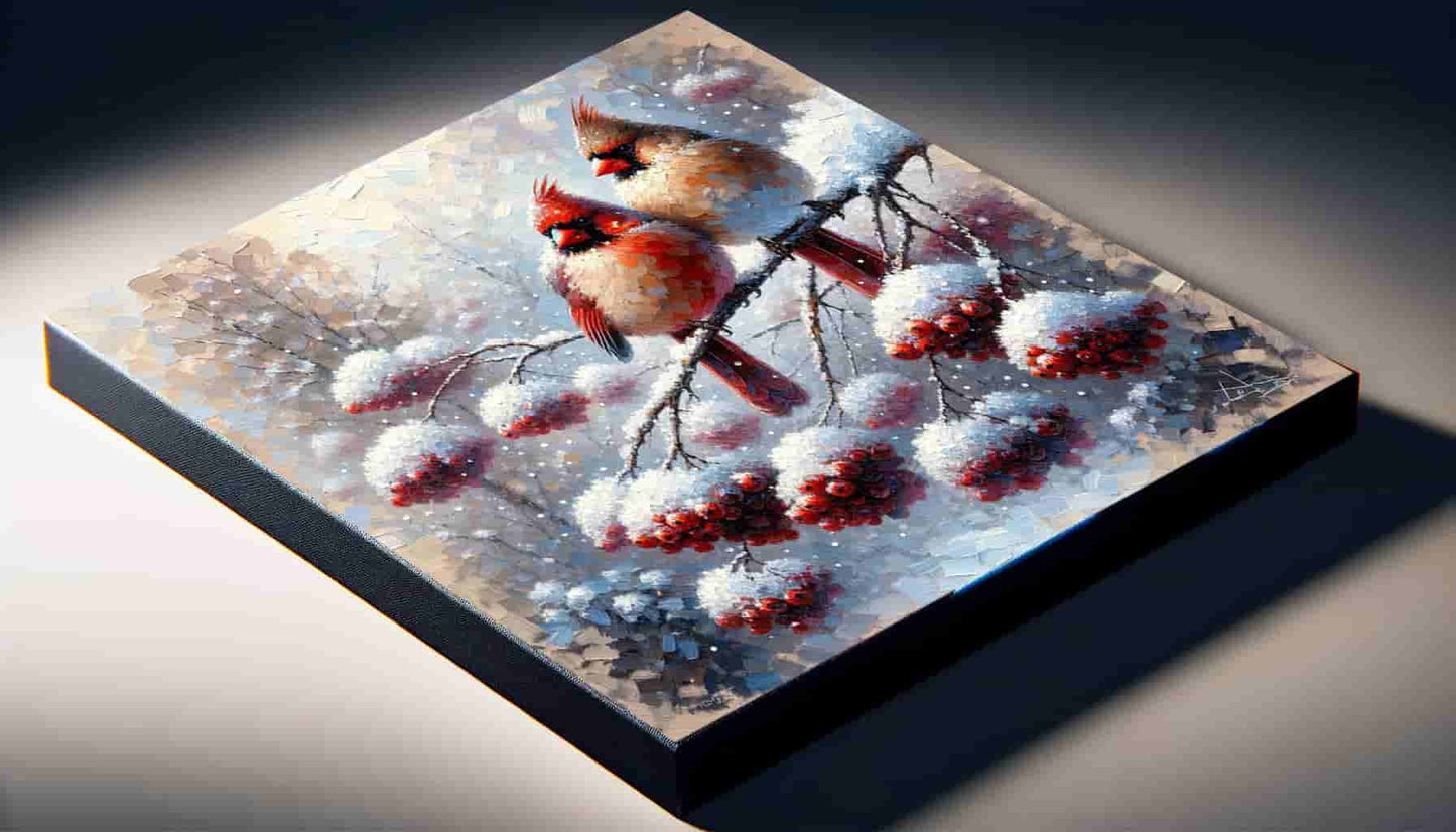 "Frosted Serenade - Cardinals in Winter Harmony" Wrapped Canvas Wall Art Prints