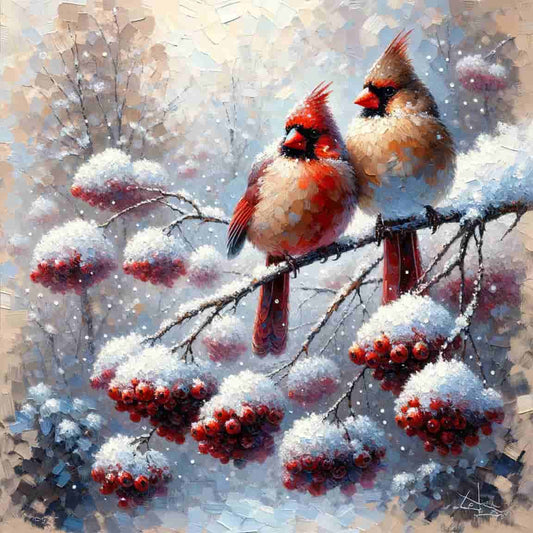 "Frosted Serenade - Cardinals in Winter Harmony" Wrapped Canvas Wall Art Prints