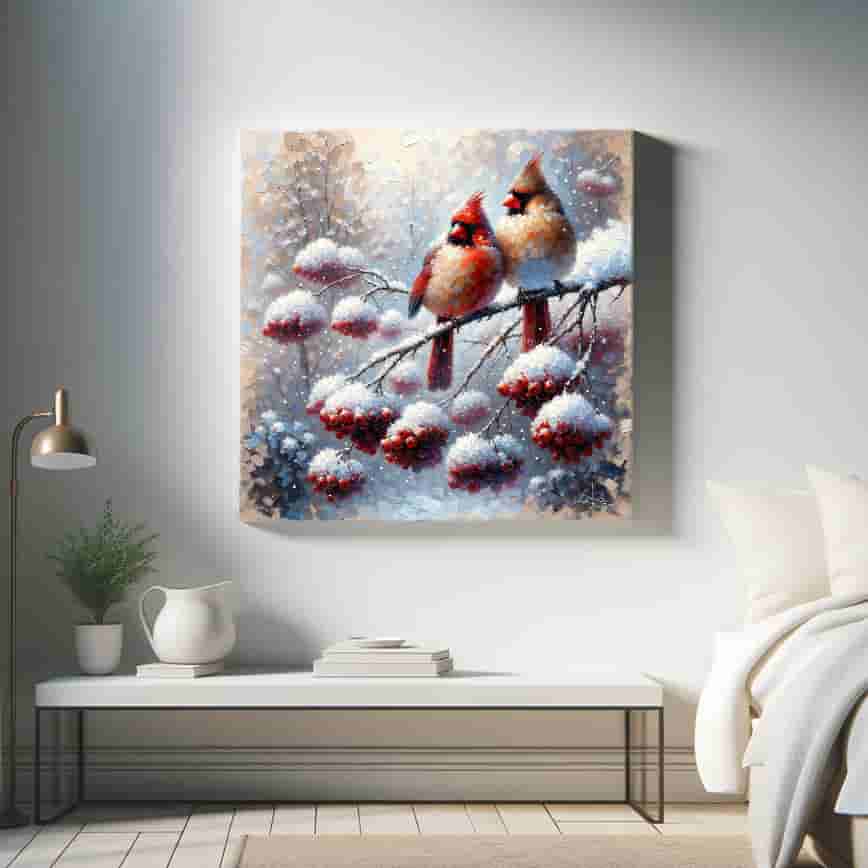 "Frosted Serenade - Cardinals in Winter Harmony" Wrapped Canvas Wall Art Prints