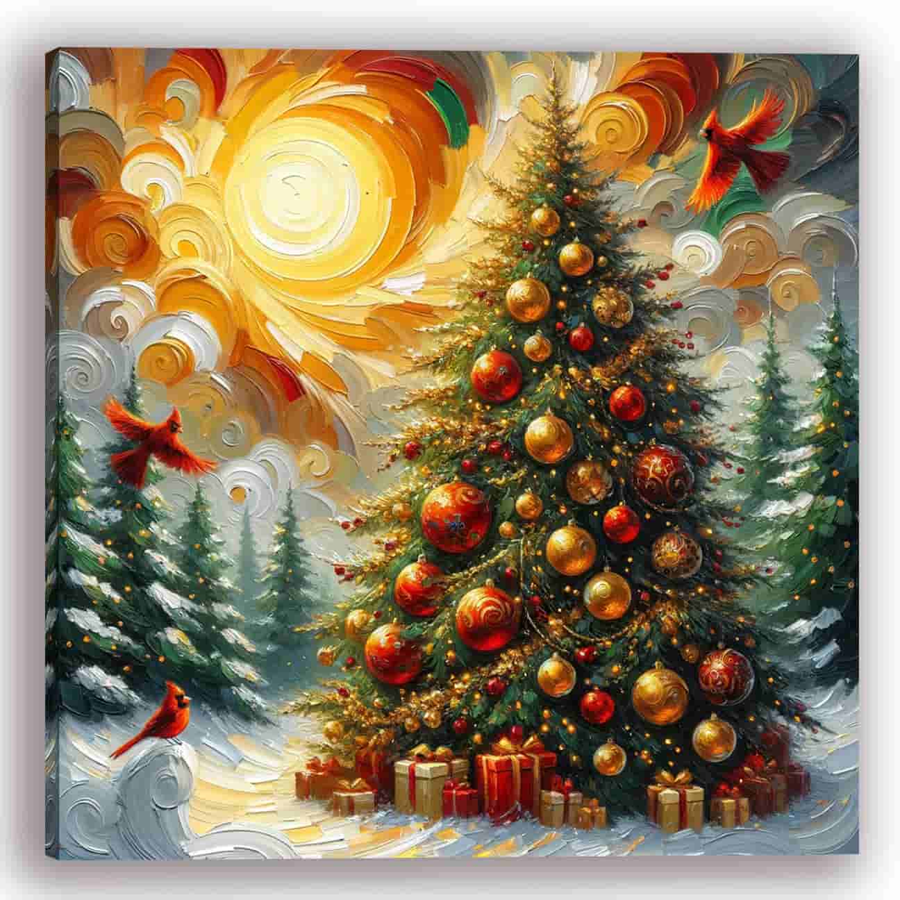 "Radiant Yuletide Morning - Cardinals and Christmas Tree" Wrapped Canvas Wall Art Prints
