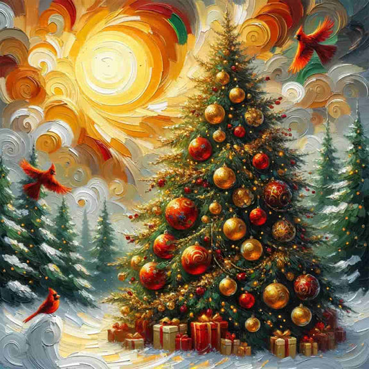 "Radiant Yuletide Morning - Cardinals and Christmas Tree" Wrapped Canvas Wall Art Prints
