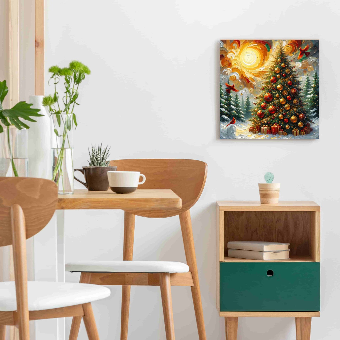 "Radiant Yuletide Morning - Cardinals and Christmas Tree" Wrapped Canvas Wall Art Prints