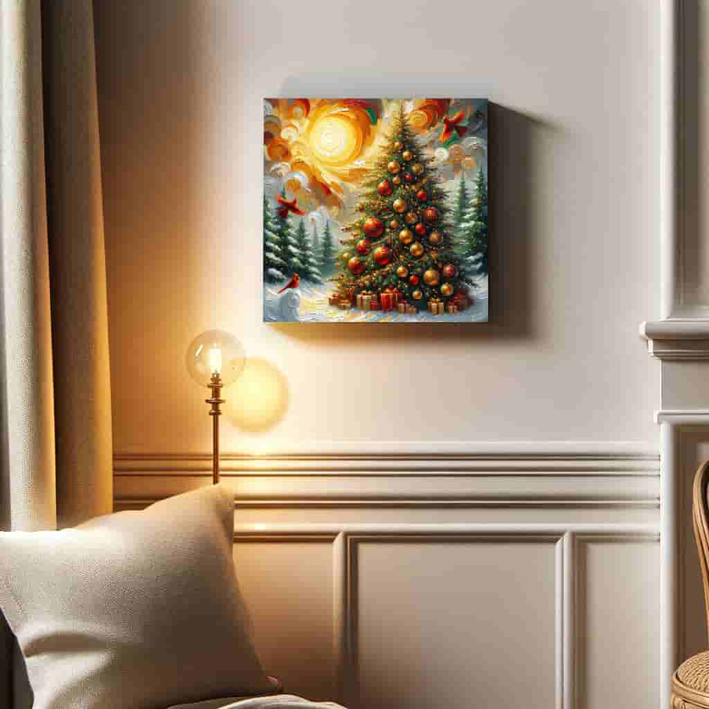 "Radiant Yuletide Morning - Cardinals and Christmas Tree" Wrapped Canvas Wall Art Prints