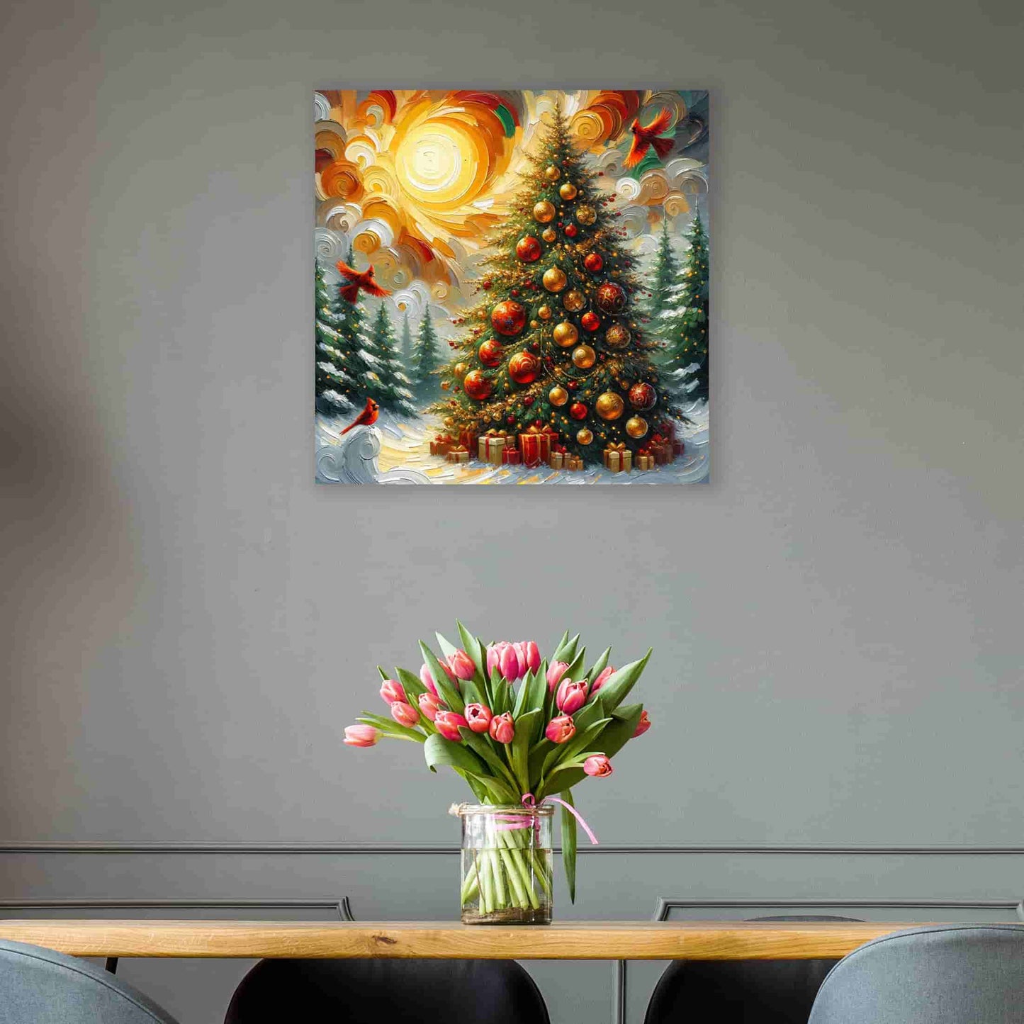 "Radiant Yuletide Morning - Cardinals and Christmas Tree" Wrapped Canvas Wall Art Prints