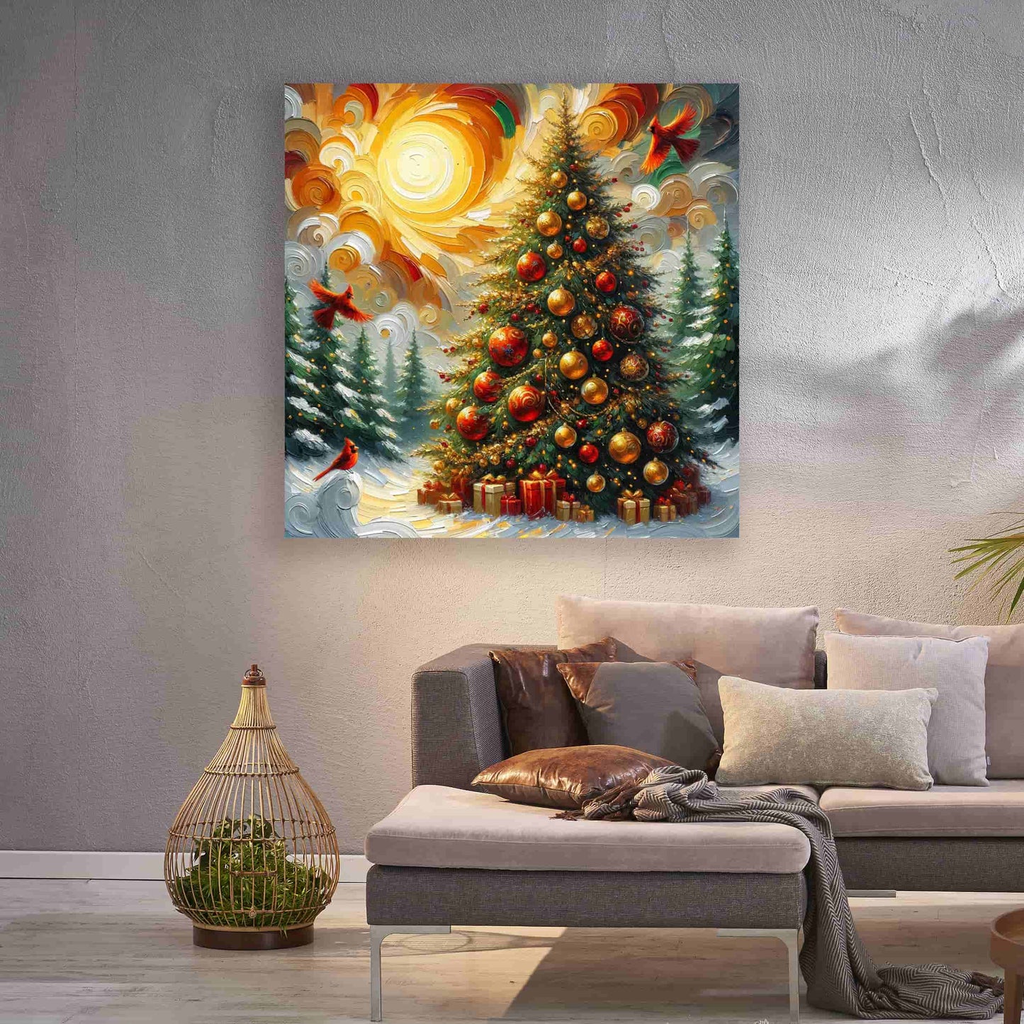 "Radiant Yuletide Morning - Cardinals and Christmas Tree" Wrapped Canvas Wall Art Prints