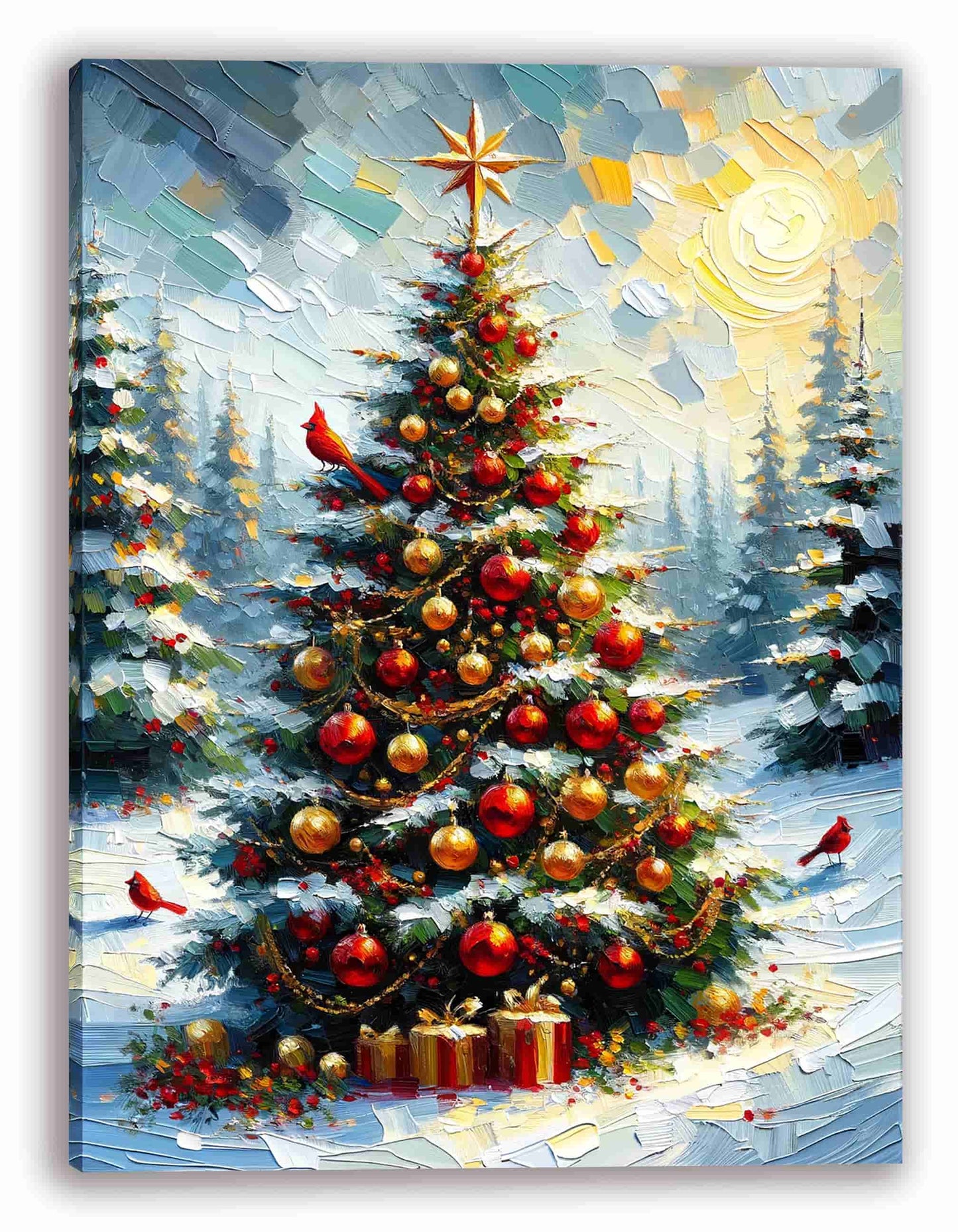 "Sunlit Festive Splendor - Golden Christmas Tree with Cardinals" Wrapped Canvas Wall Art Prints