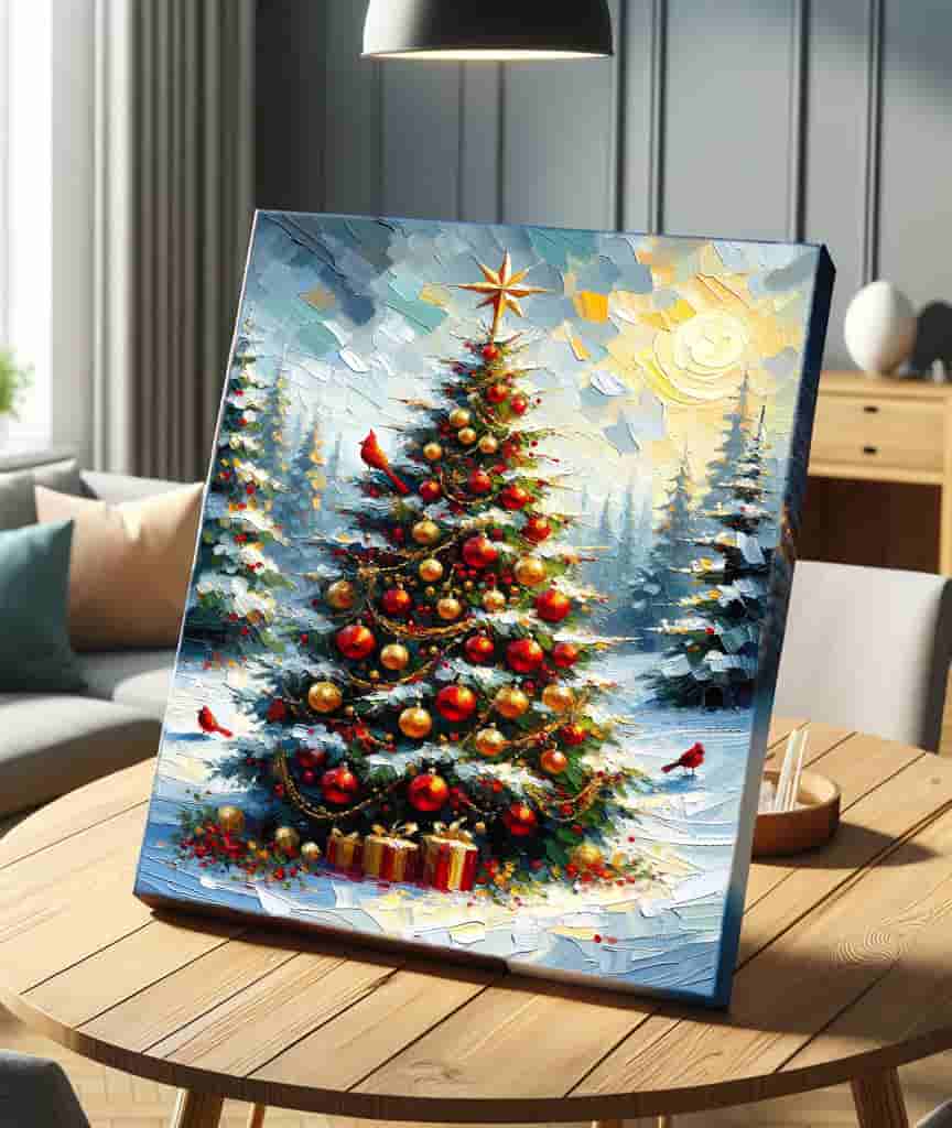 "Sunlit Festive Splendor - Golden Christmas Tree with Cardinals" Wrapped Canvas Wall Art Prints