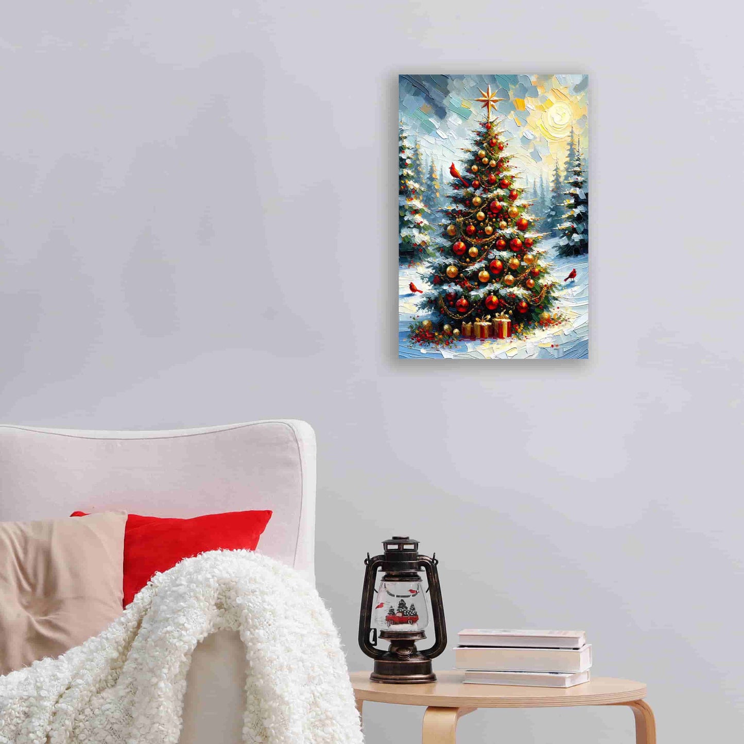 "Sunlit Festive Splendor - Golden Christmas Tree with Cardinals" Wrapped Canvas Wall Art Prints