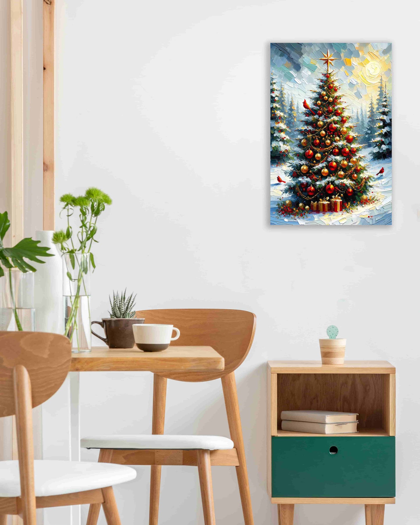 "Sunlit Festive Splendor - Golden Christmas Tree with Cardinals" Wrapped Canvas Wall Art Prints
