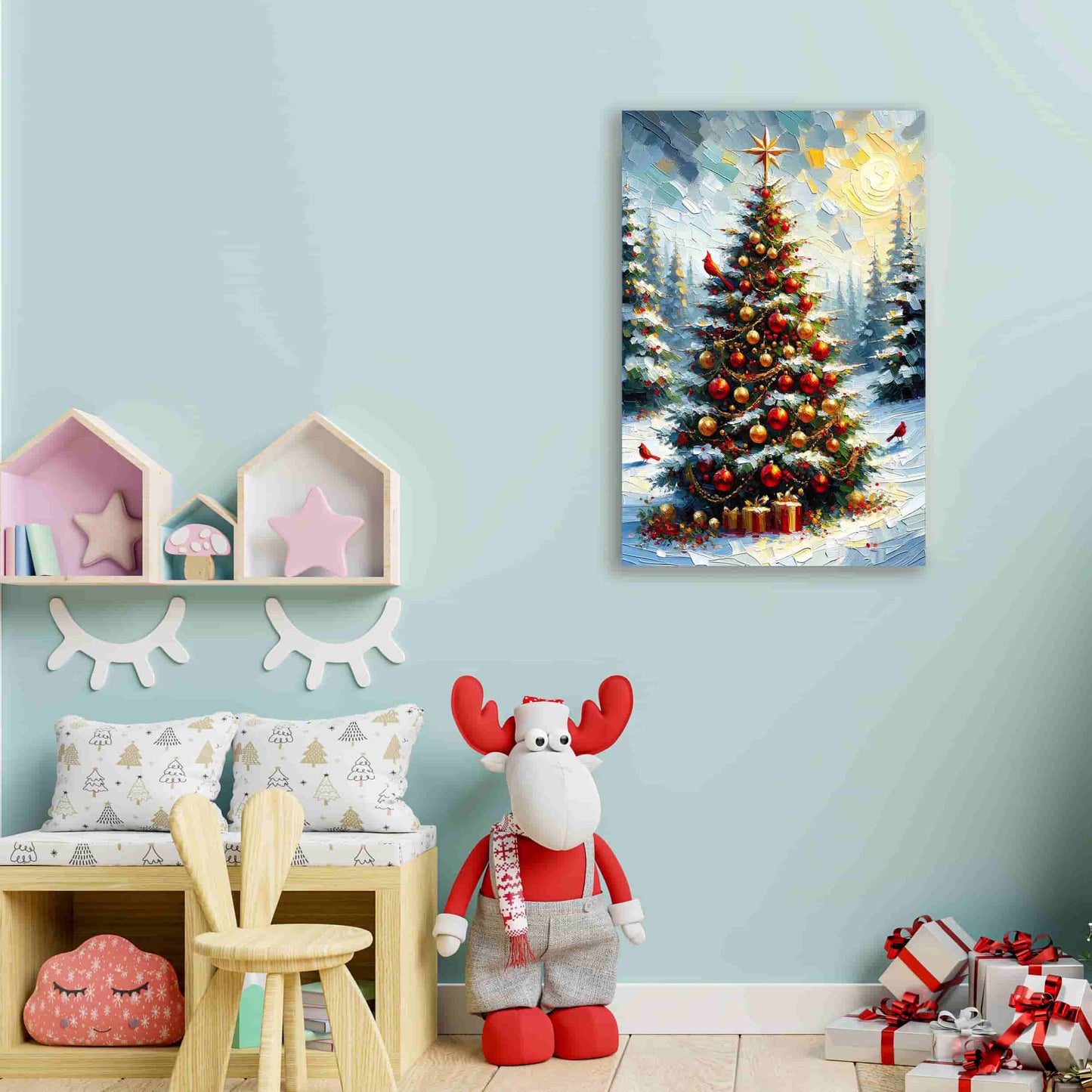 "Sunlit Festive Splendor - Golden Christmas Tree with Cardinals" Wrapped Canvas Wall Art Prints