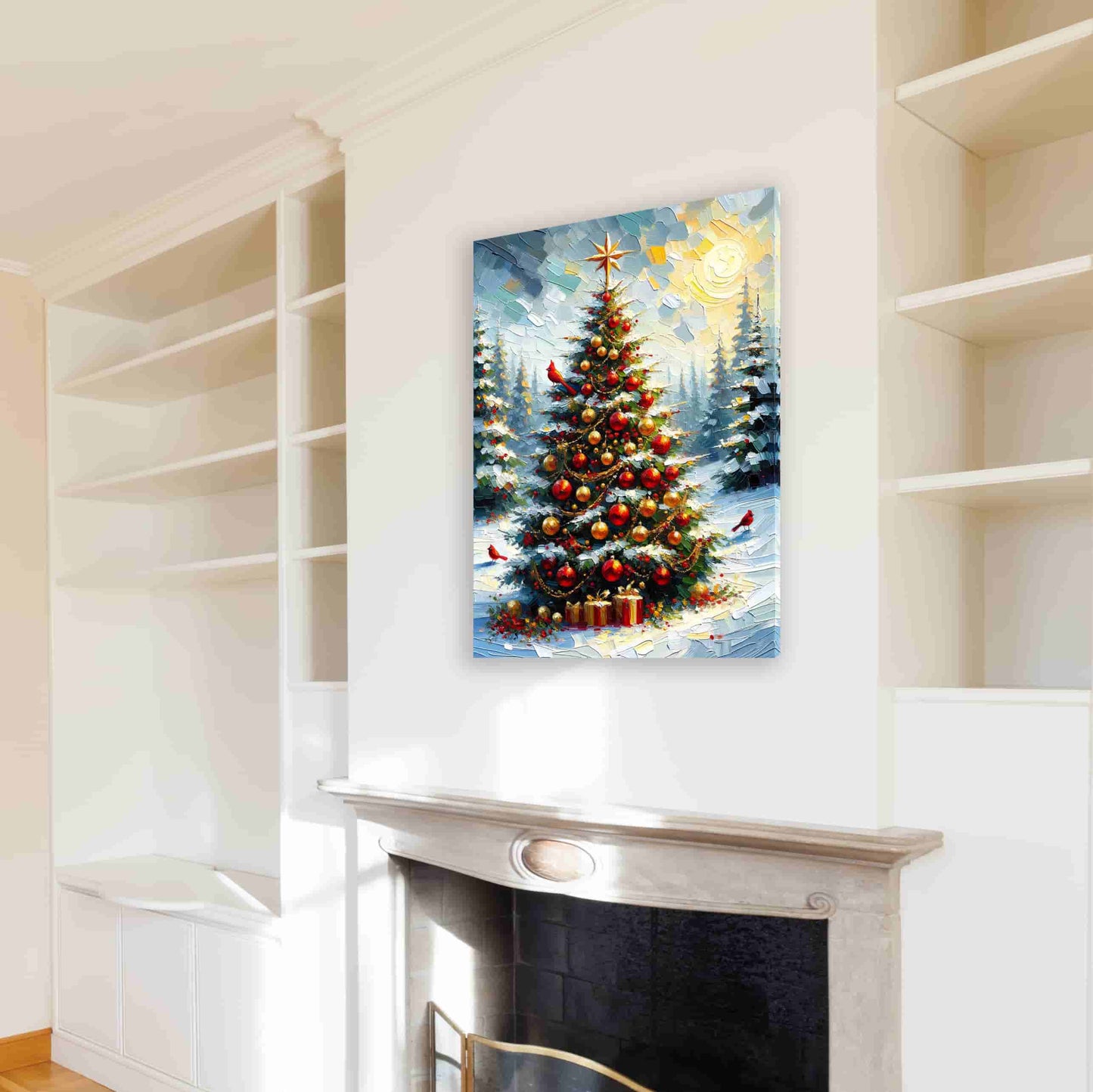 "Sunlit Festive Splendor - Golden Christmas Tree with Cardinals" Wrapped Canvas Wall Art Prints
