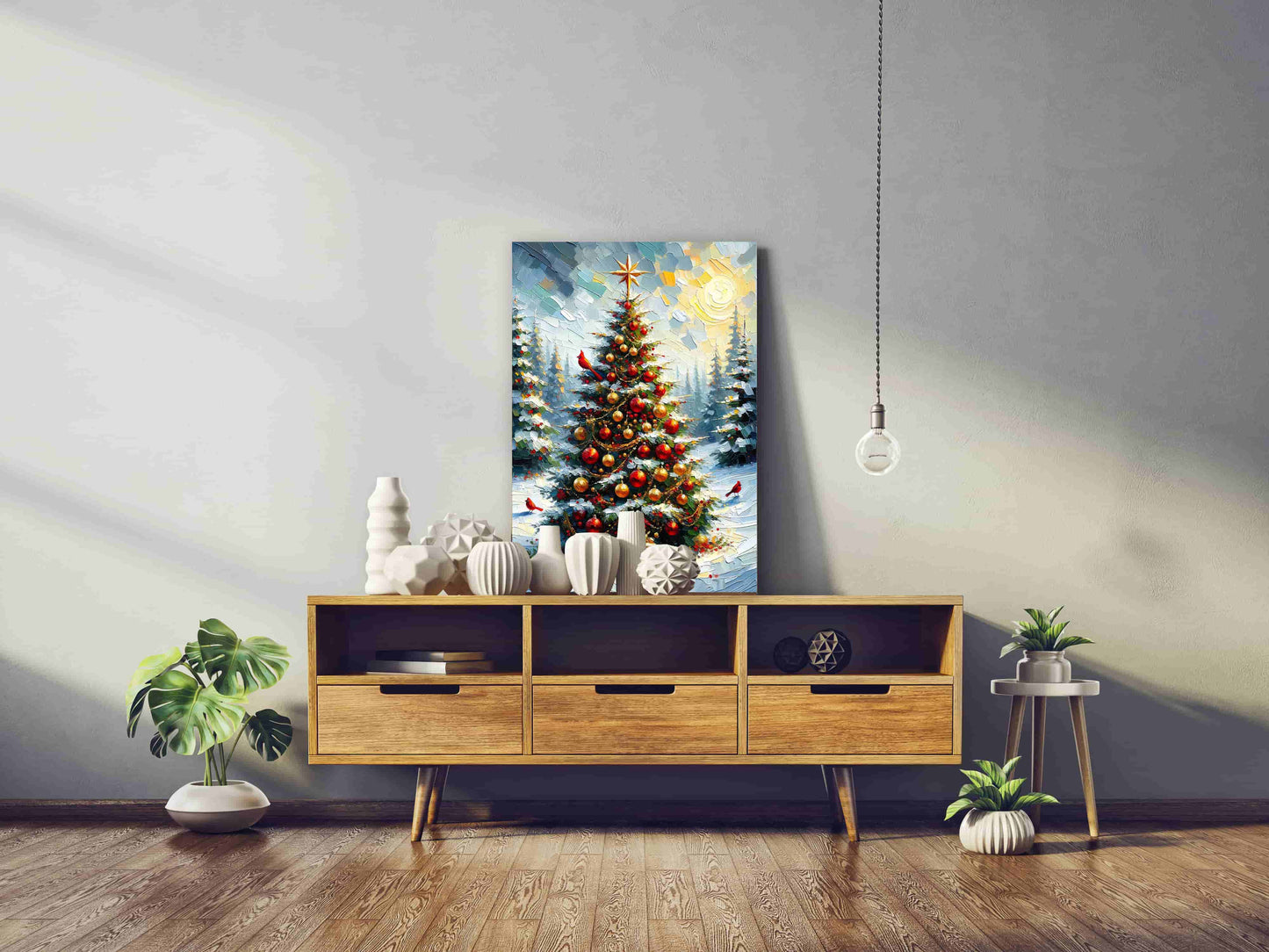 "Sunlit Festive Splendor - Golden Christmas Tree with Cardinals" Wrapped Canvas Wall Art Prints