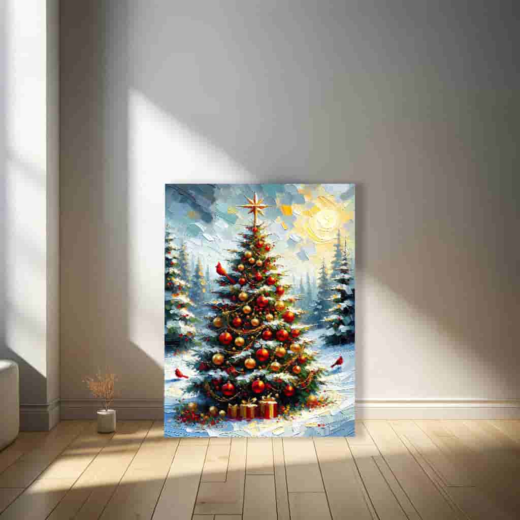 "Sunlit Festive Splendor - Golden Christmas Tree with Cardinals" Wrapped Canvas Wall Art Prints