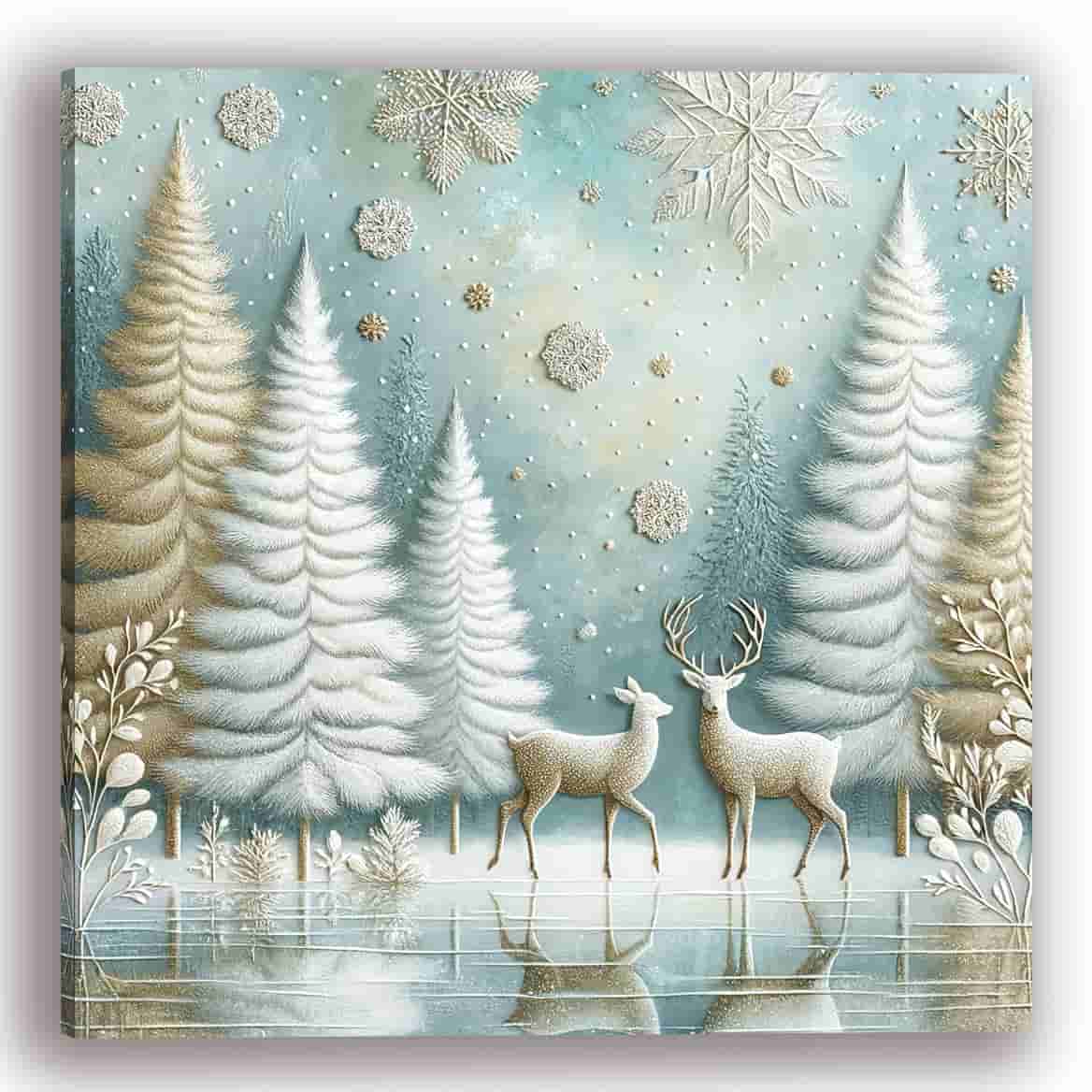 "Enchanted Winter Calm - Snowy Forest with Deer" Wrapped Canvas Wall Art Prints