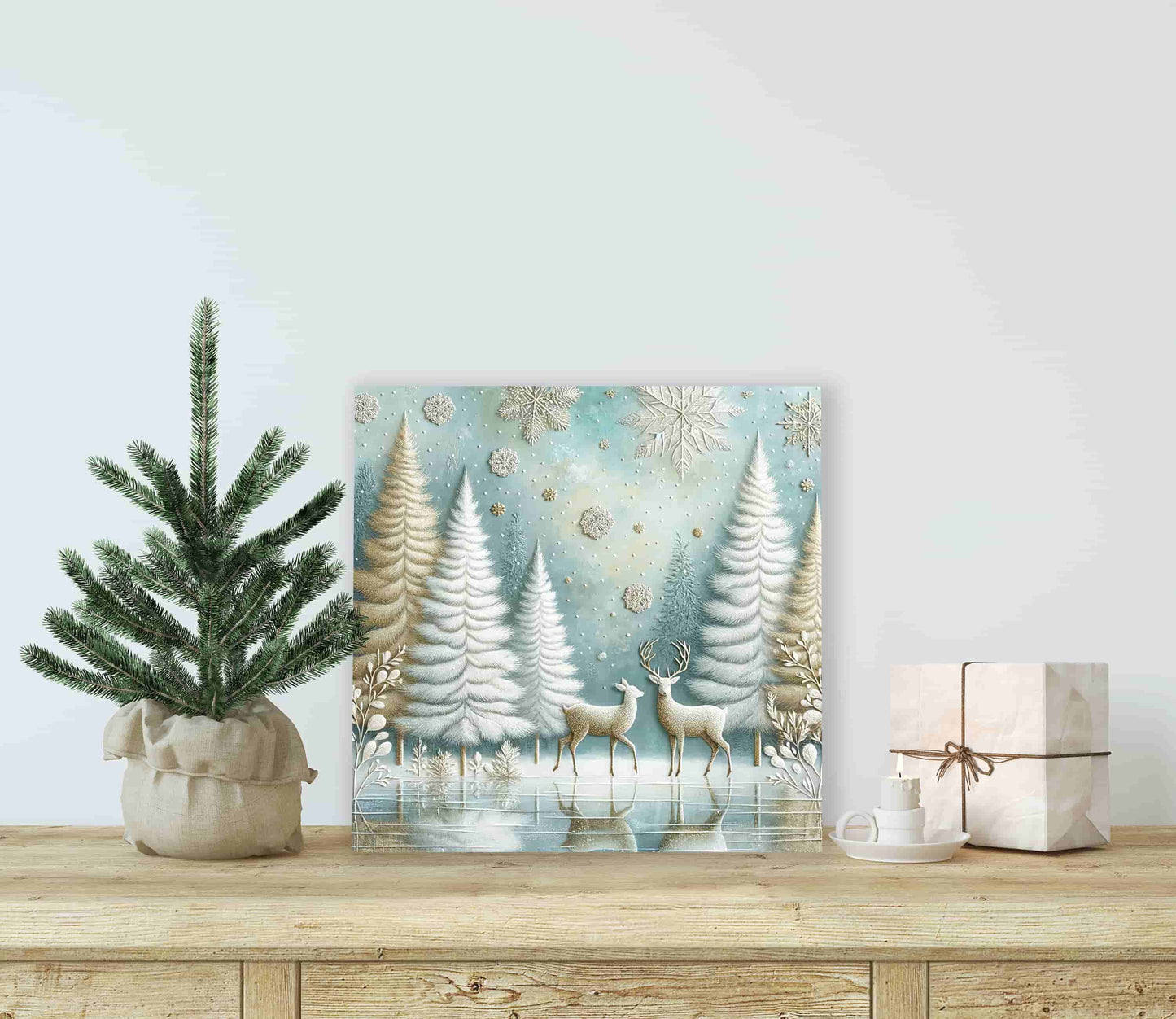 "Enchanted Winter Calm - Snowy Forest with Deer" Wrapped Canvas Wall Art Prints